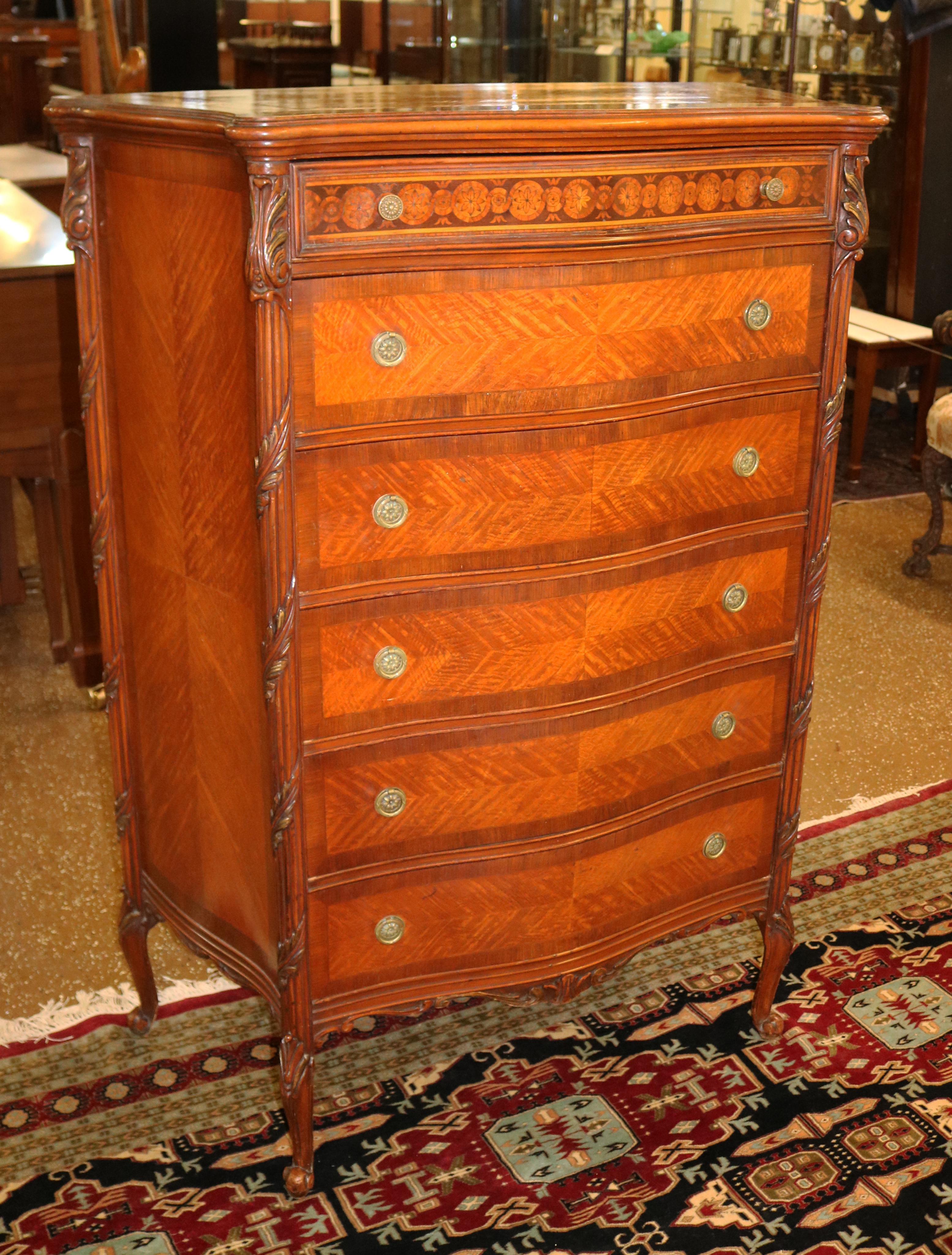 Early 20th Century Fabulous French Louis XV Style Inlaid Kingwood High Chest Dresser For Sale