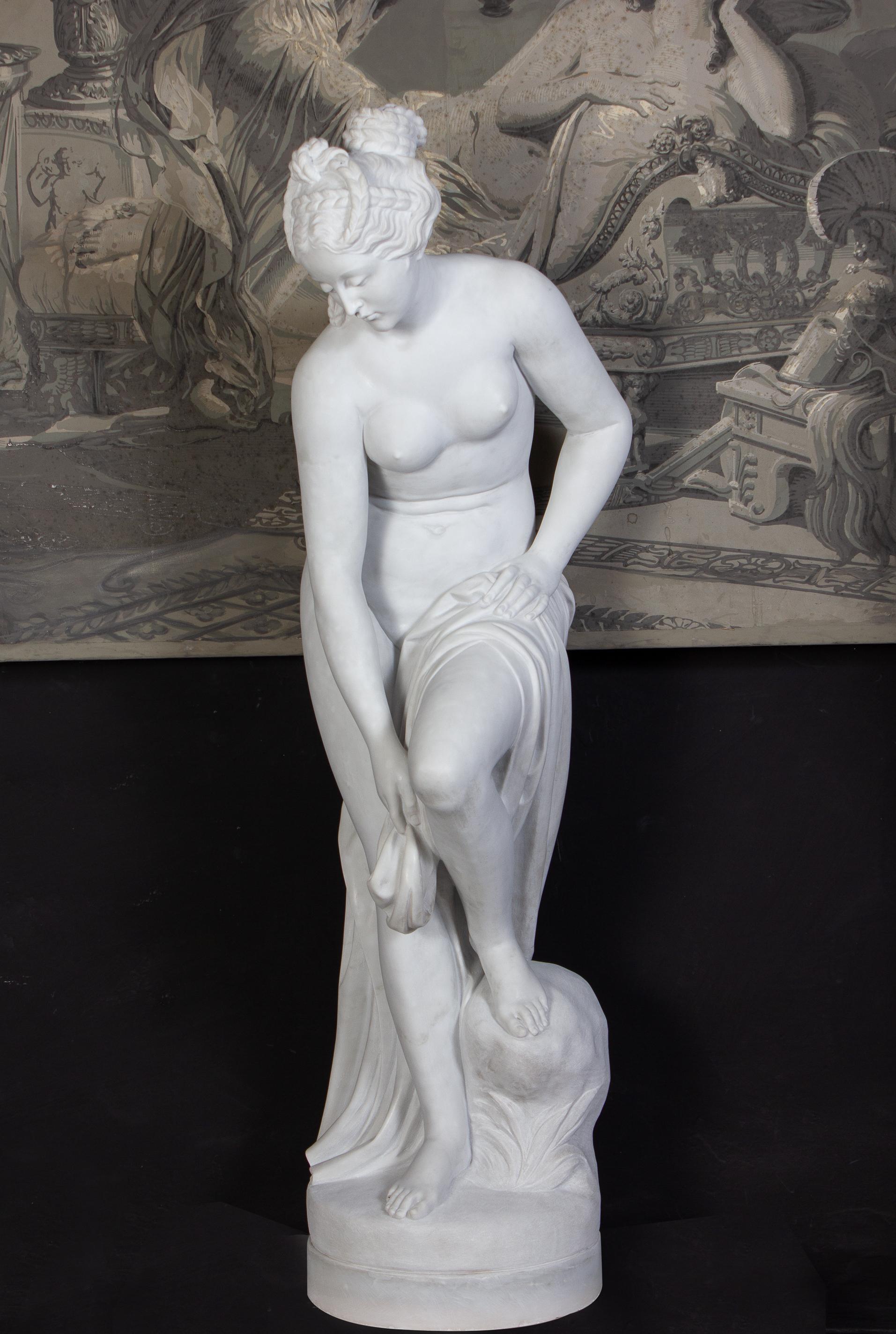 Late 19th century French finely carved white Carrara marble figure of Bathing Venus  . The marble base is not included in the price. 
AFTER CHRISTOPHE-GABRIEL ALLEGRAIN (FRENCH, 1710-1795): A 19TH CENTURY MARBLE FIGURE OF VENUS SORTANT DU BAIN the