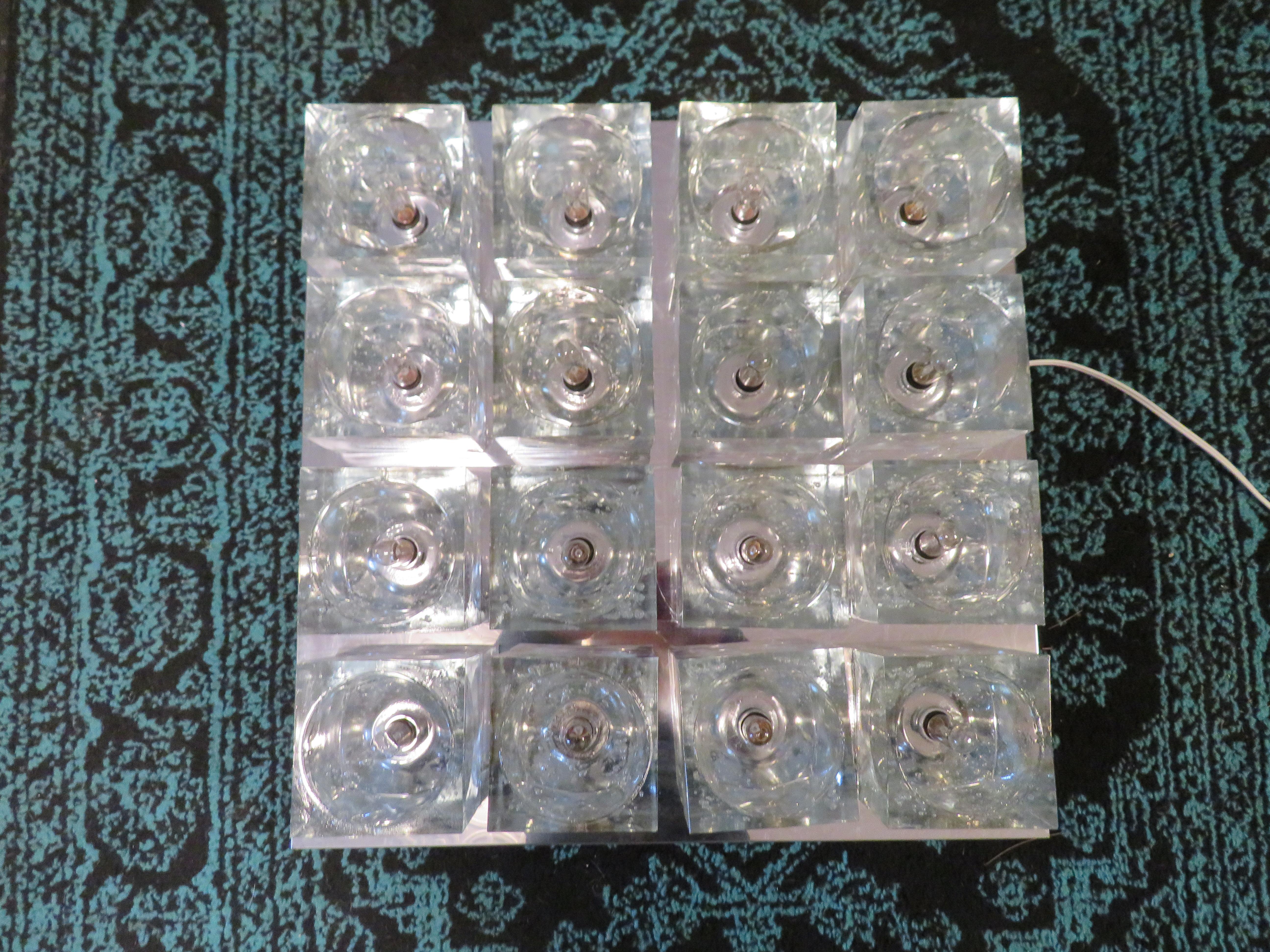 Excellent large Gaetano Sciolari ice cube chrome flush light with 16 cubes.