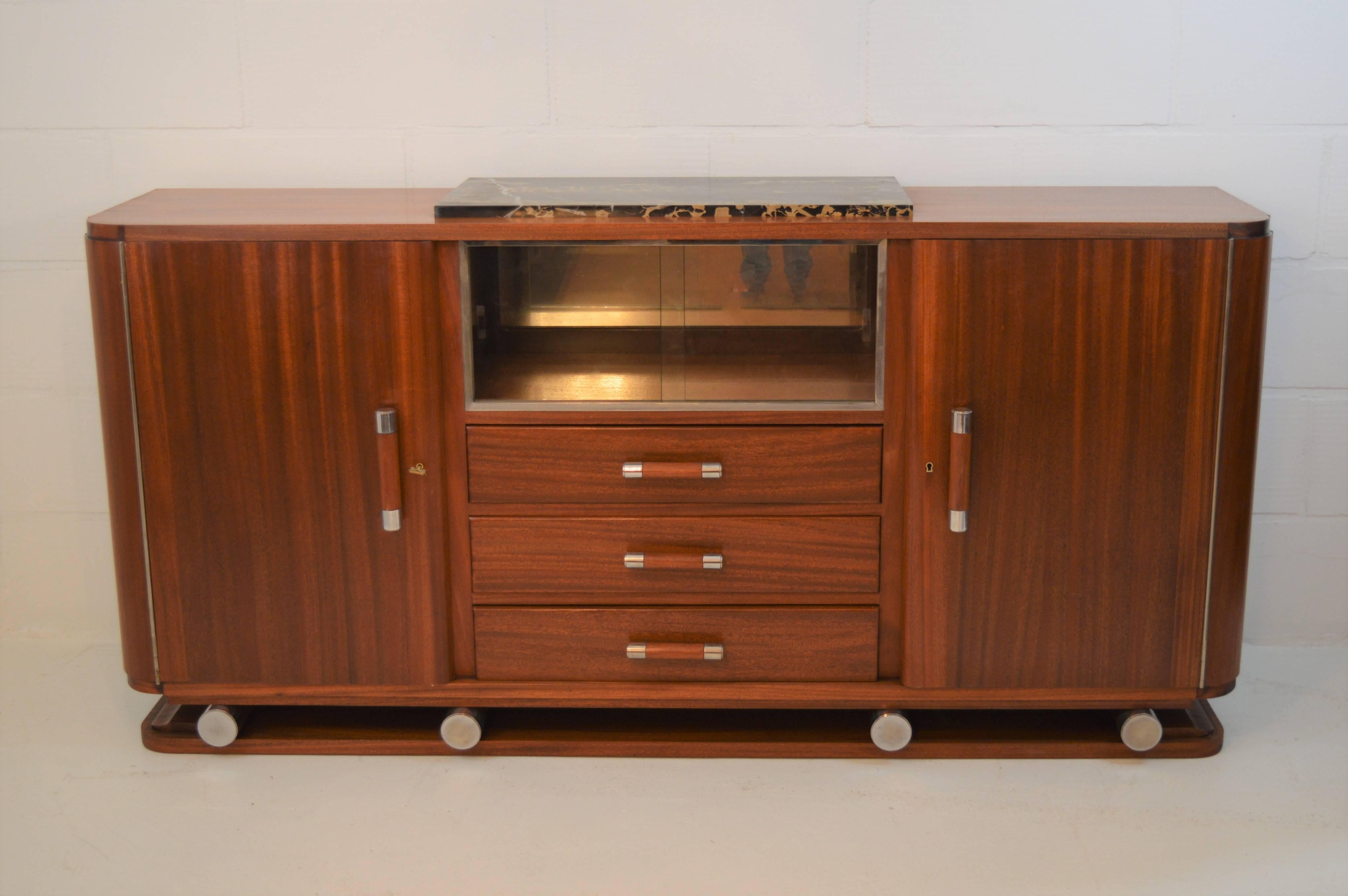 French Fabulous Gaston Poisson Art Deco Sideboard in Solid Mahogany, 1930s