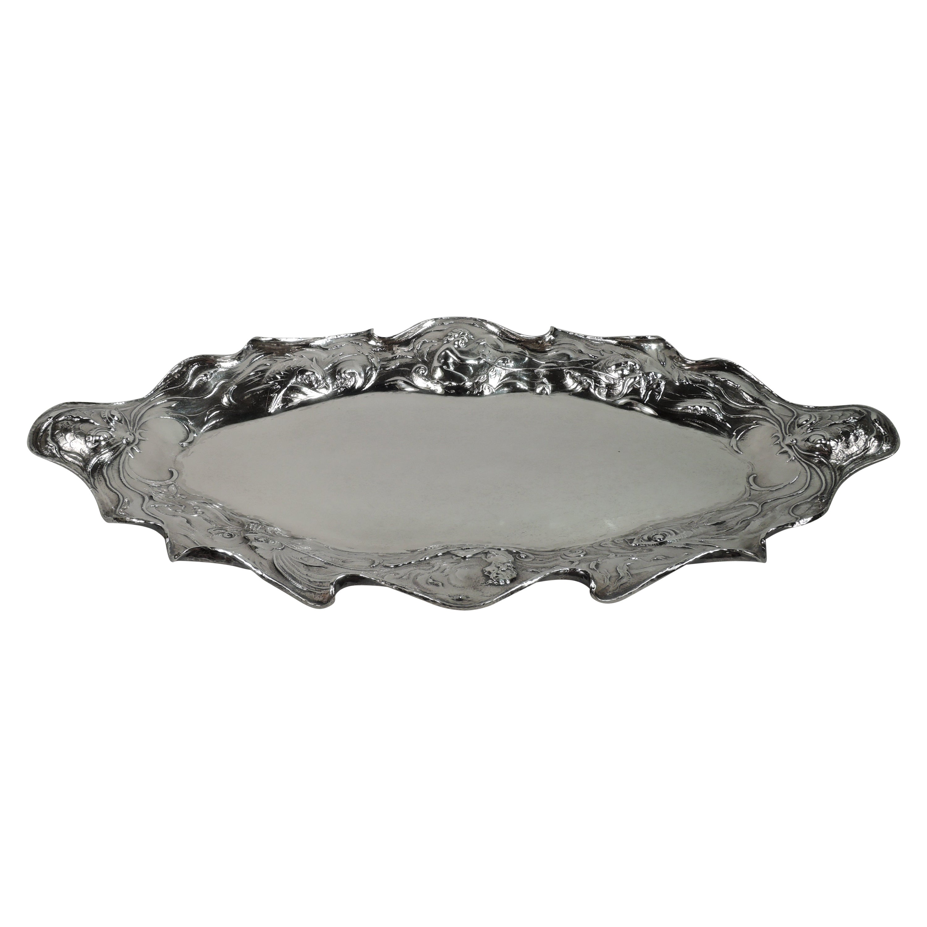 Favoloso piatto da pesce in argento Gorham Art Nouveau Martelé