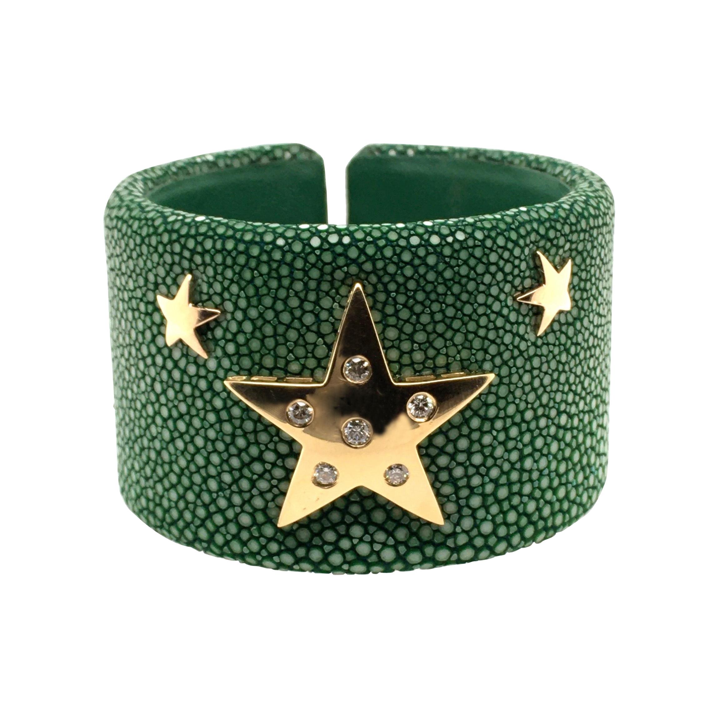 Fabulous Green Shagreen, Gold and Diamond Cuff Bracelet