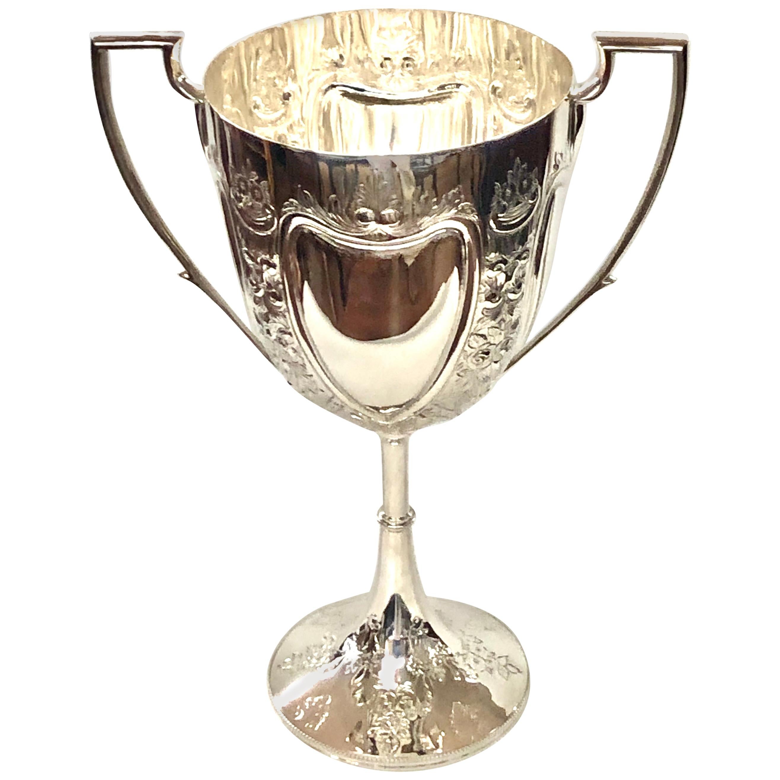 Fabulous Hand Chased English Sheffield Silver Plate Trophy or Loving Cup For Sale