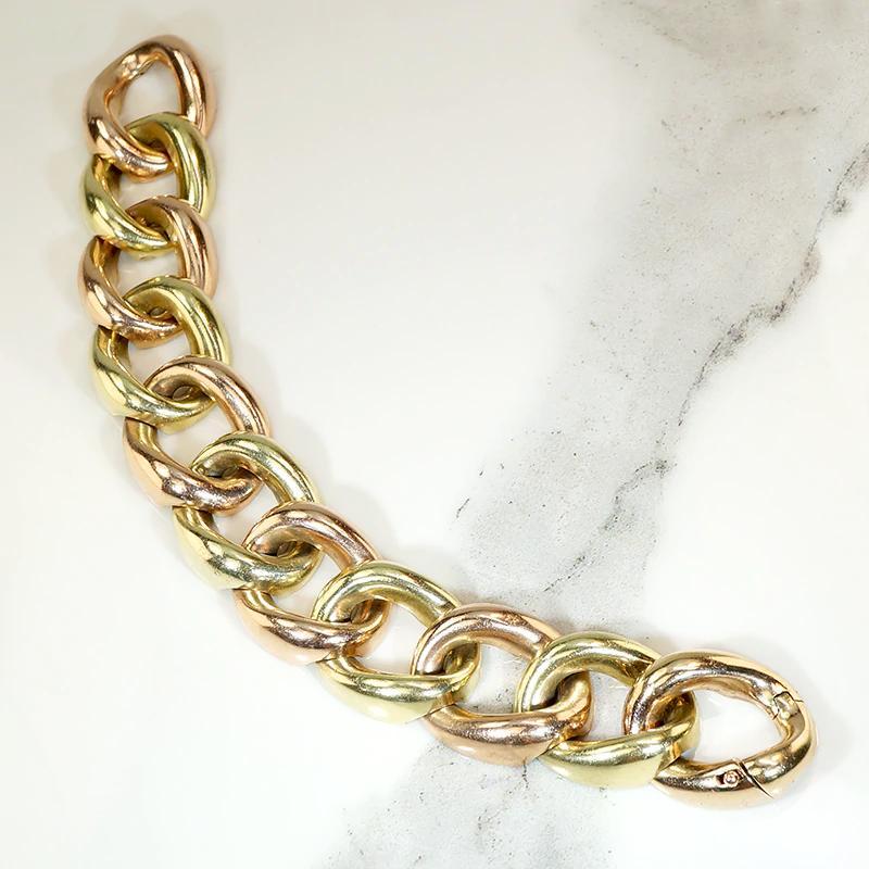 Fabulous Heavy Rose and Yellow Gold Retro Curb Bracelet In Good Condition For Sale In Portland, OR