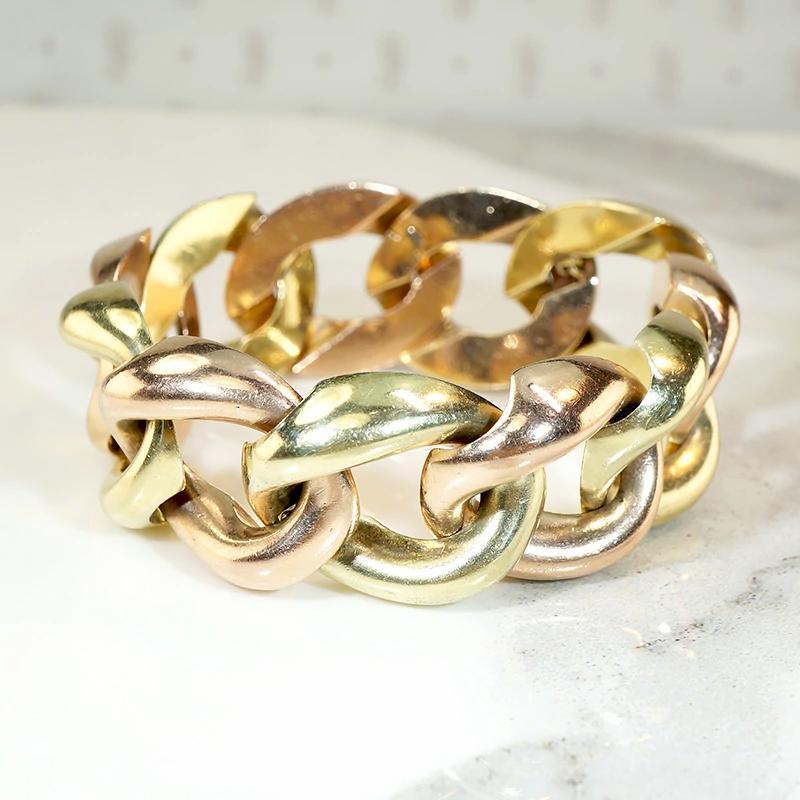 Women's or Men's Fabulous Heavy Rose and Yellow Gold Retro Curb Bracelet For Sale