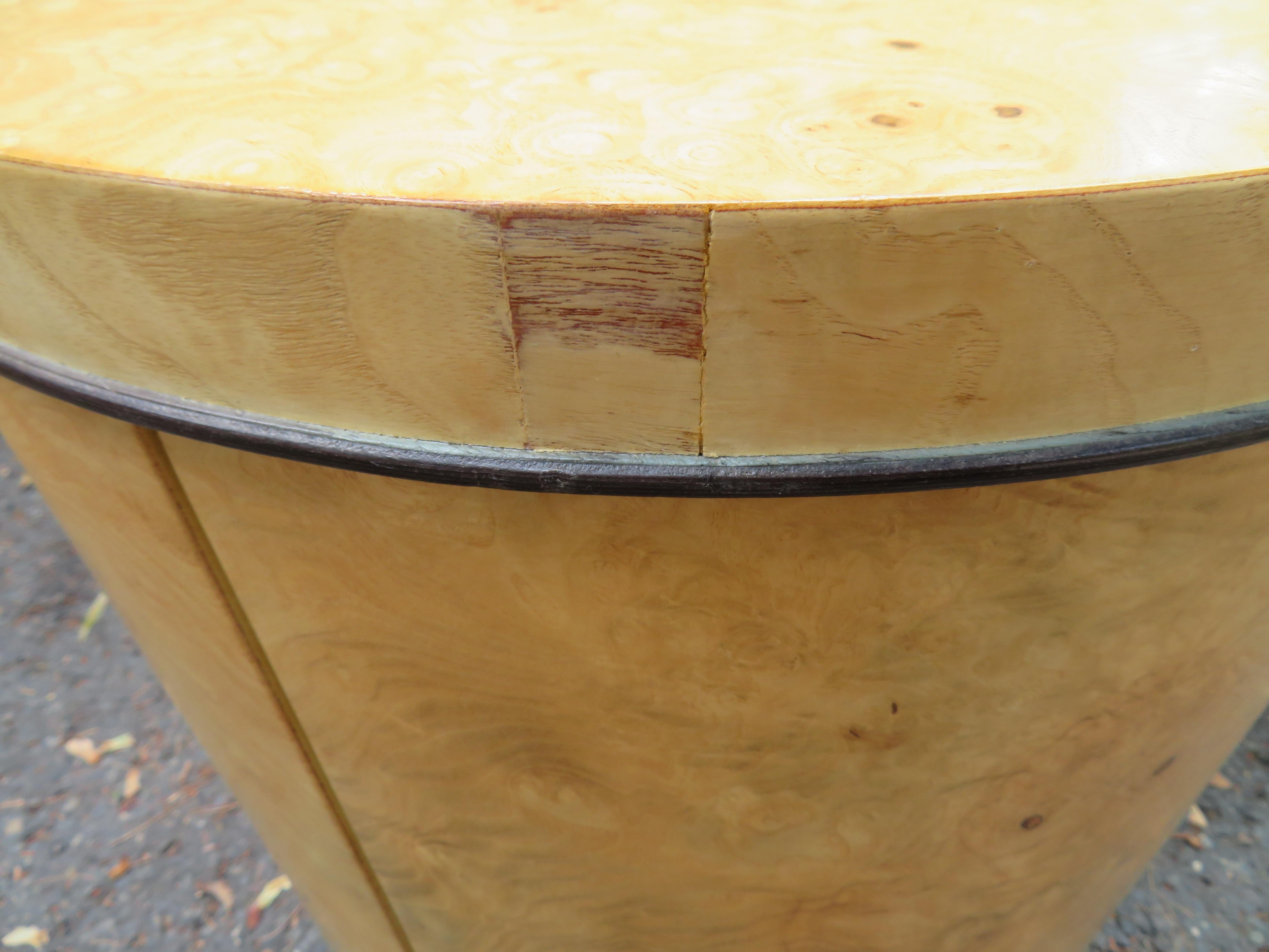 Late 20th Century Fabulous Henredon Burl Olivewood Scene Two Round Drum End Table Modern For Sale