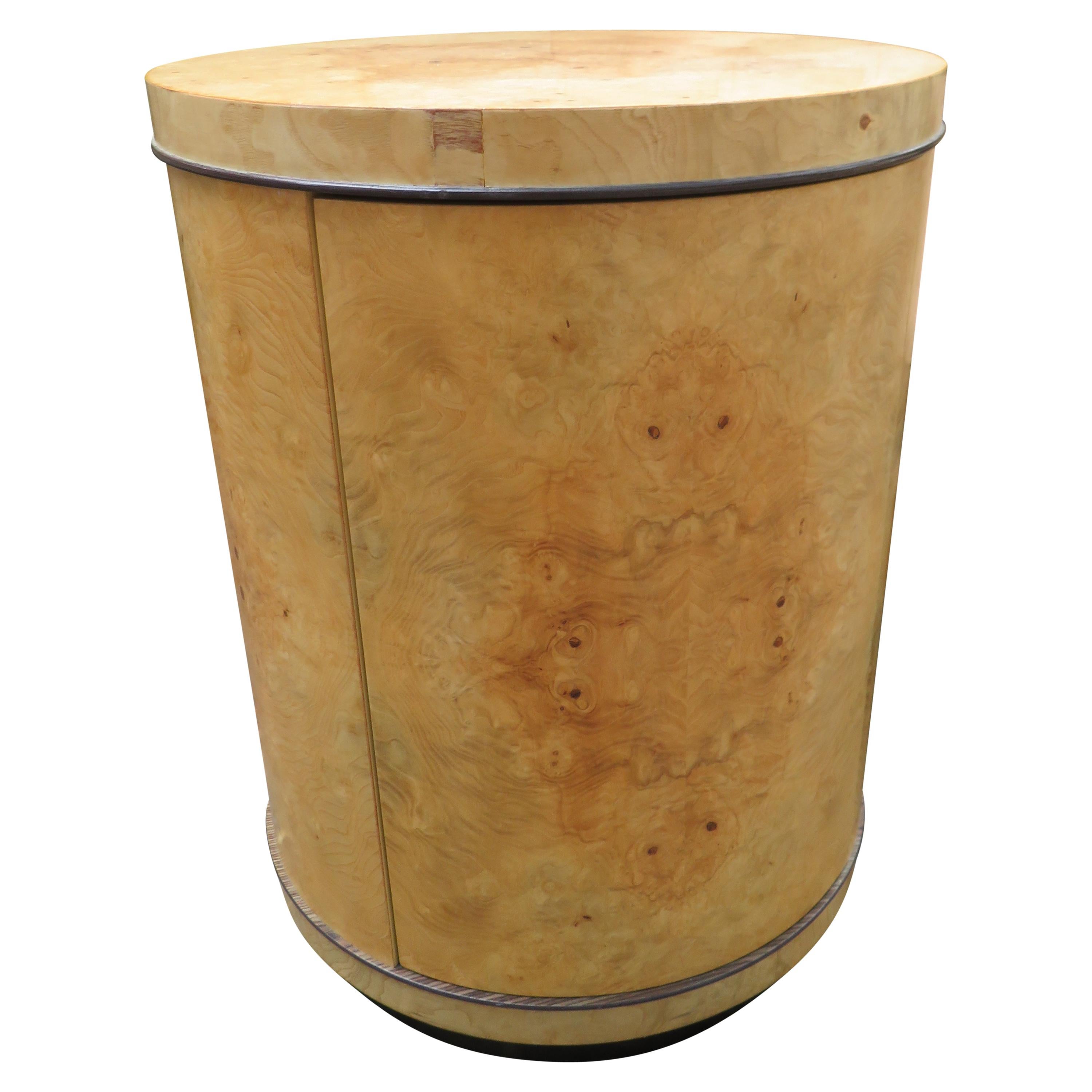 Fabulous Henredon Burl Olivewood Scene Two Round Drum End Table Modern For Sale