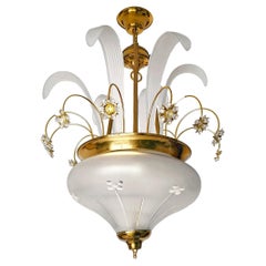 Fabulous Hollywood Regency Murano Crystal Flower Bouquet & Gilt Brass Chandelier