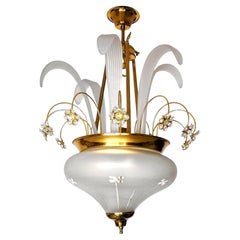 Fabulous Hollywood Regency Murano Crystal Flower Bouquet & Gilt Brass Chandelier
