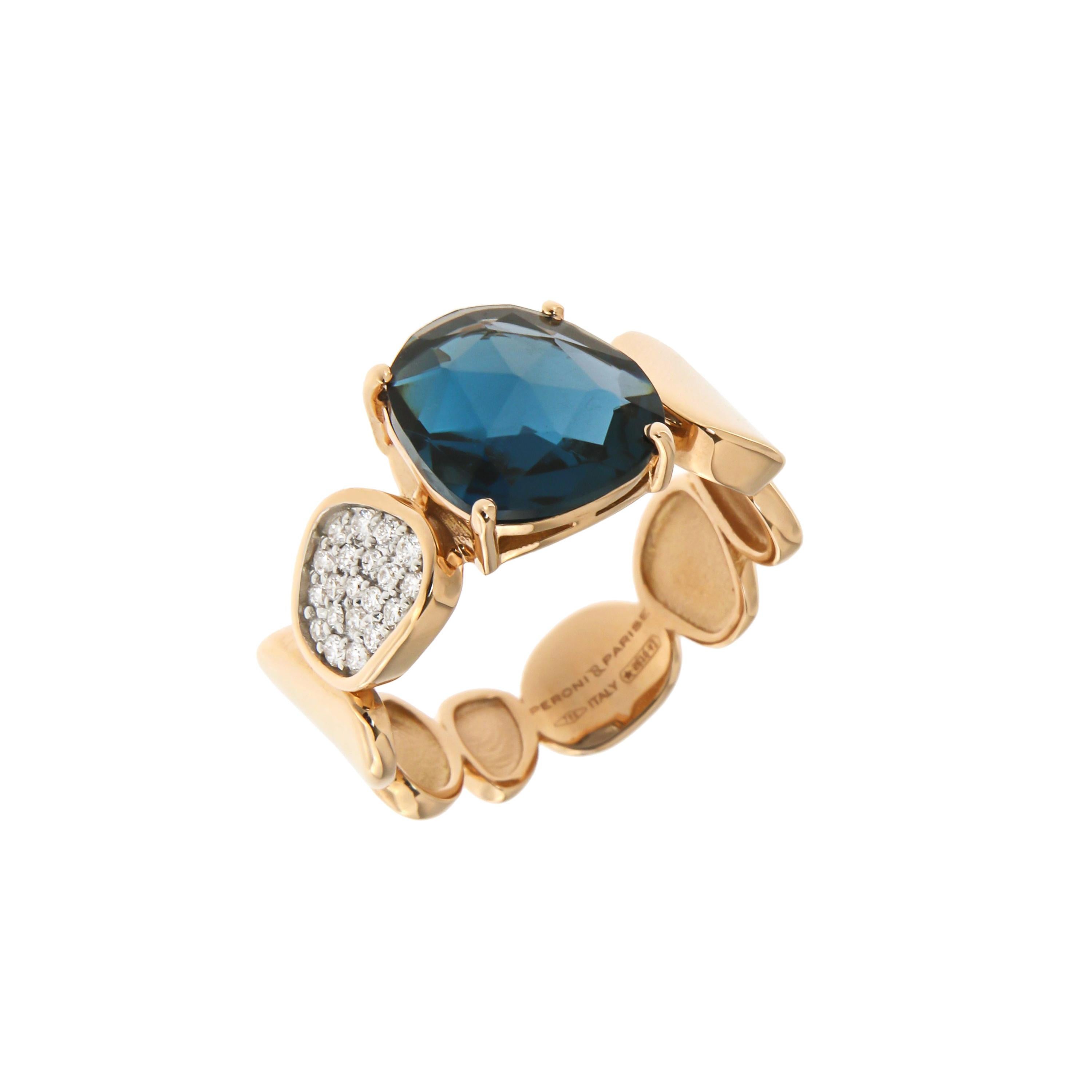 Fabulous Italian 18k London Blue Topaz Diamonds Rose Statement Gold Ring for Her For Sale