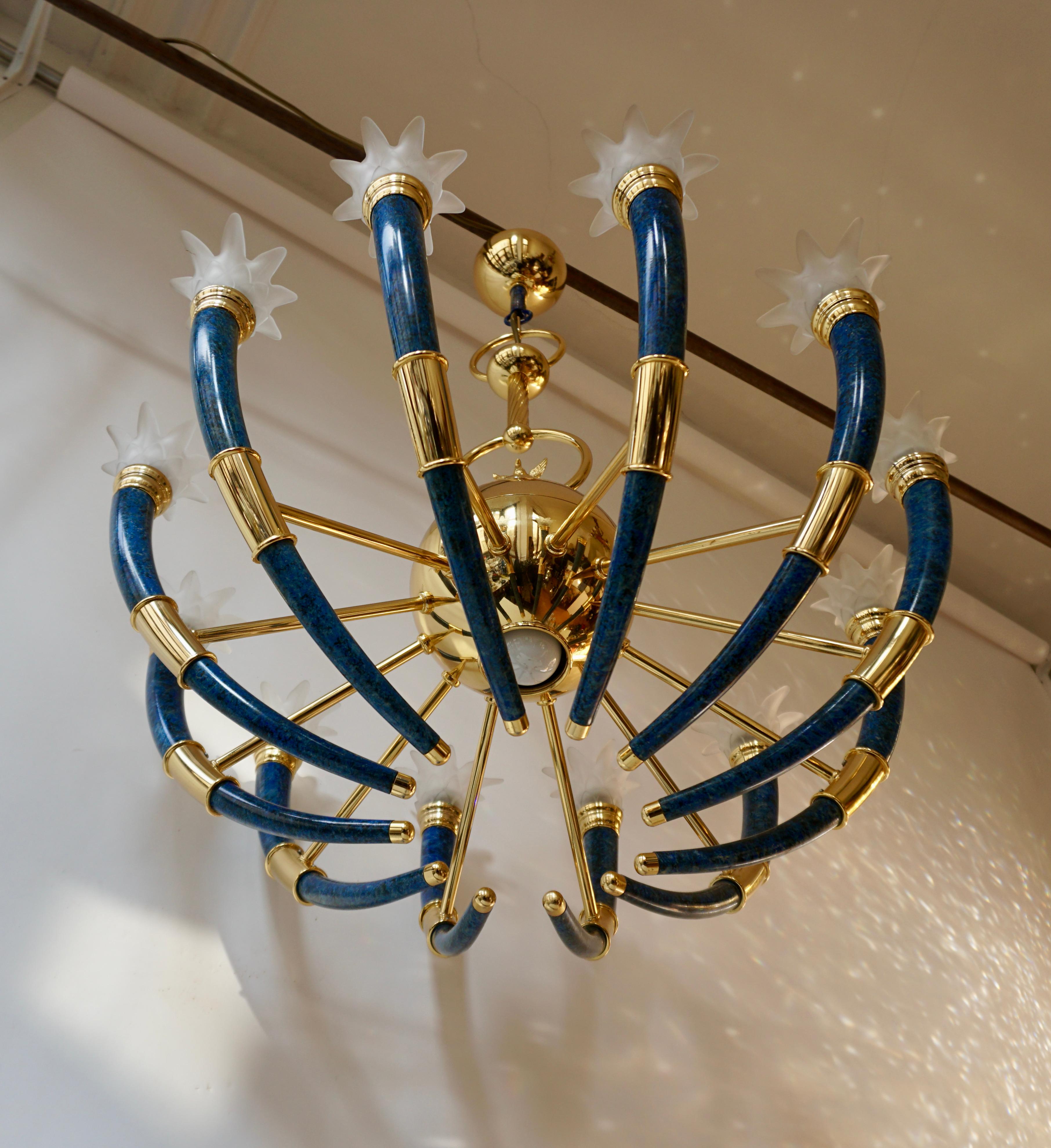 Hollywood Regency Gilt Brass and Murano Glass Torch Chandelier by - Banci Firenz