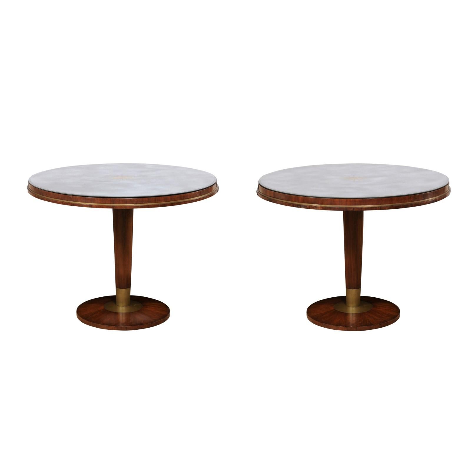 Fabulous Italian Pair of Mid-Century Tables w/Custom Mirrored Sunburst Tops For Sale