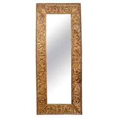 Antique Fabulous Italian Period Baroque Tall Mirror W/Thick Leaf-Carved Frame
