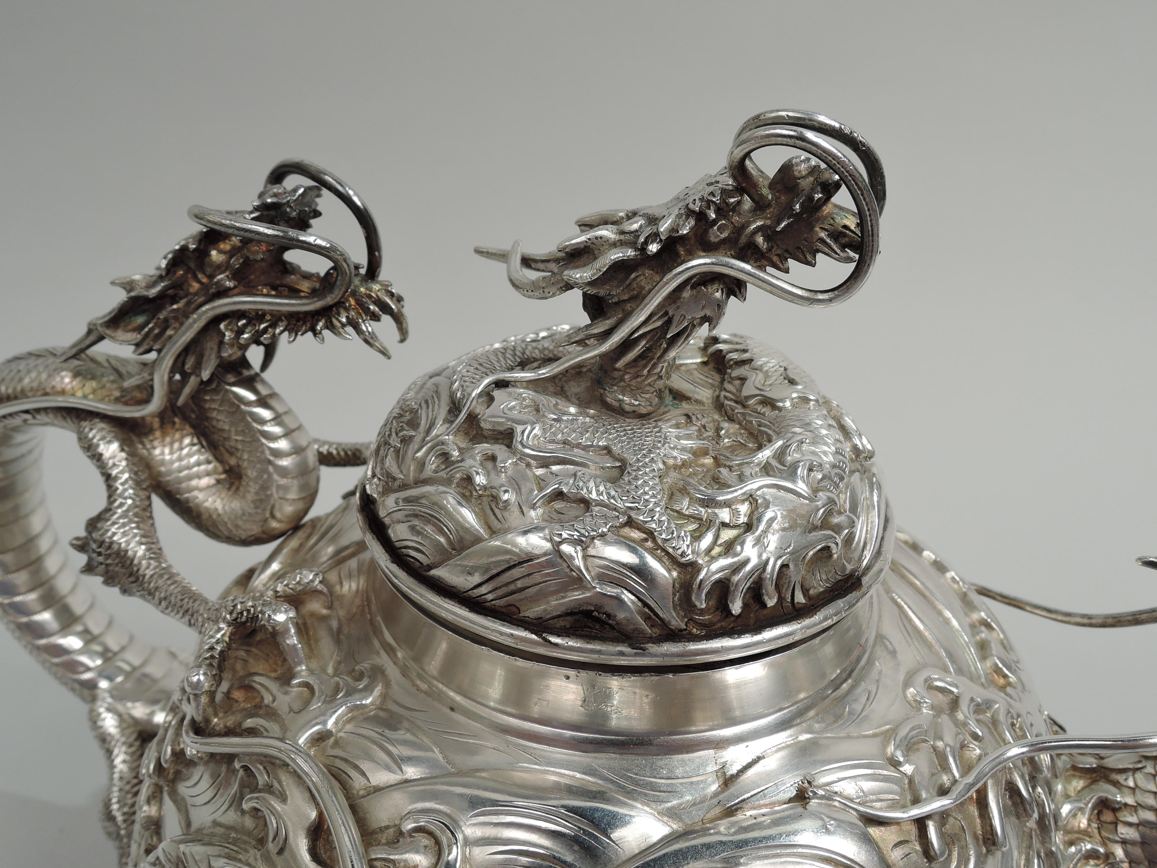 19th Century Fabulous Japanese Meiji-Era Silver Dragon Teapot by Konoike