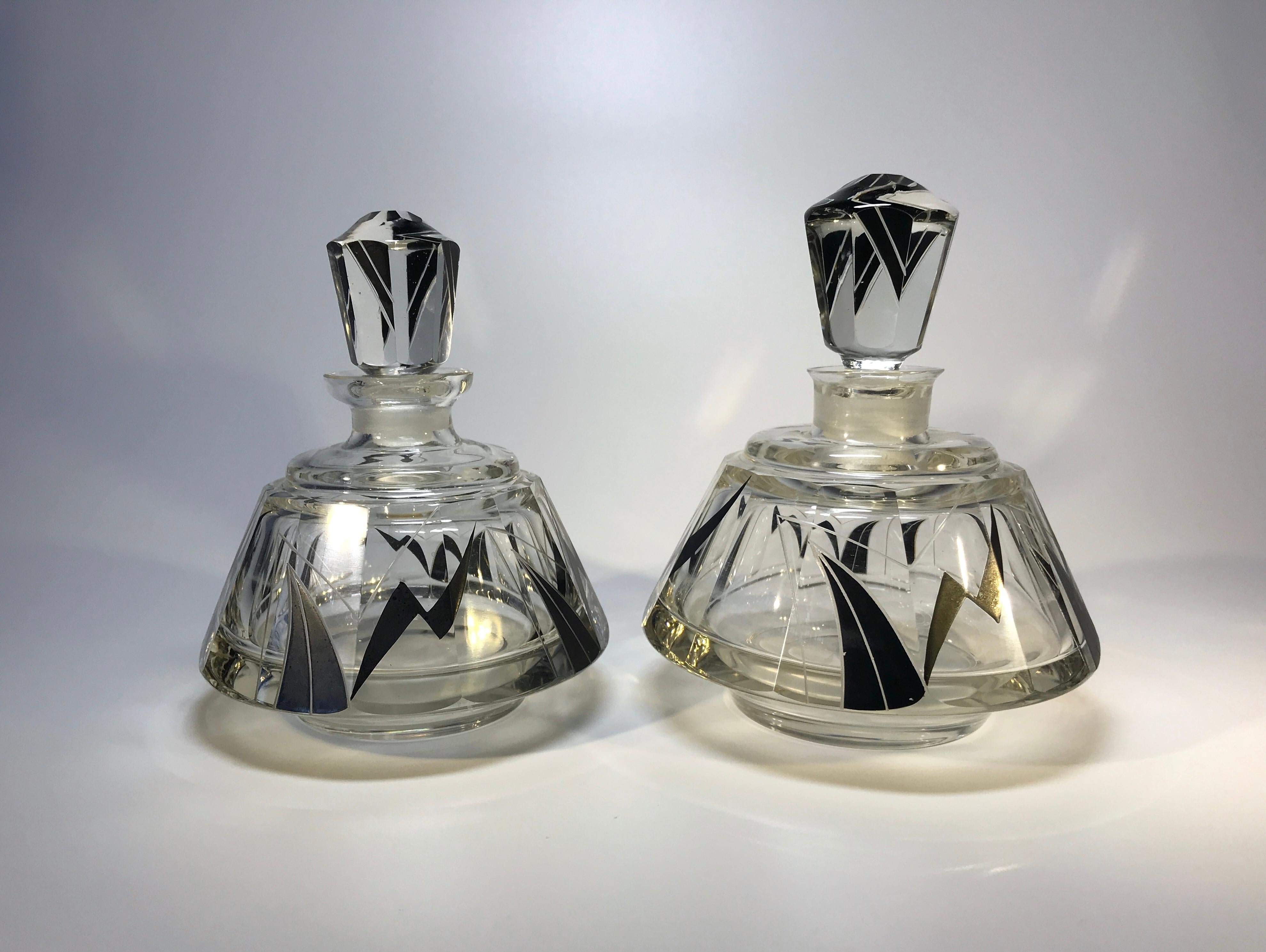 Fabulous Karl Palda Art Deco enamel and crystal five piece vanity set from the 1920s in exceptional condition
Set comprises of two impressive perfume bottles with stoppers, a working atomiser and two covered trinket boxes of different