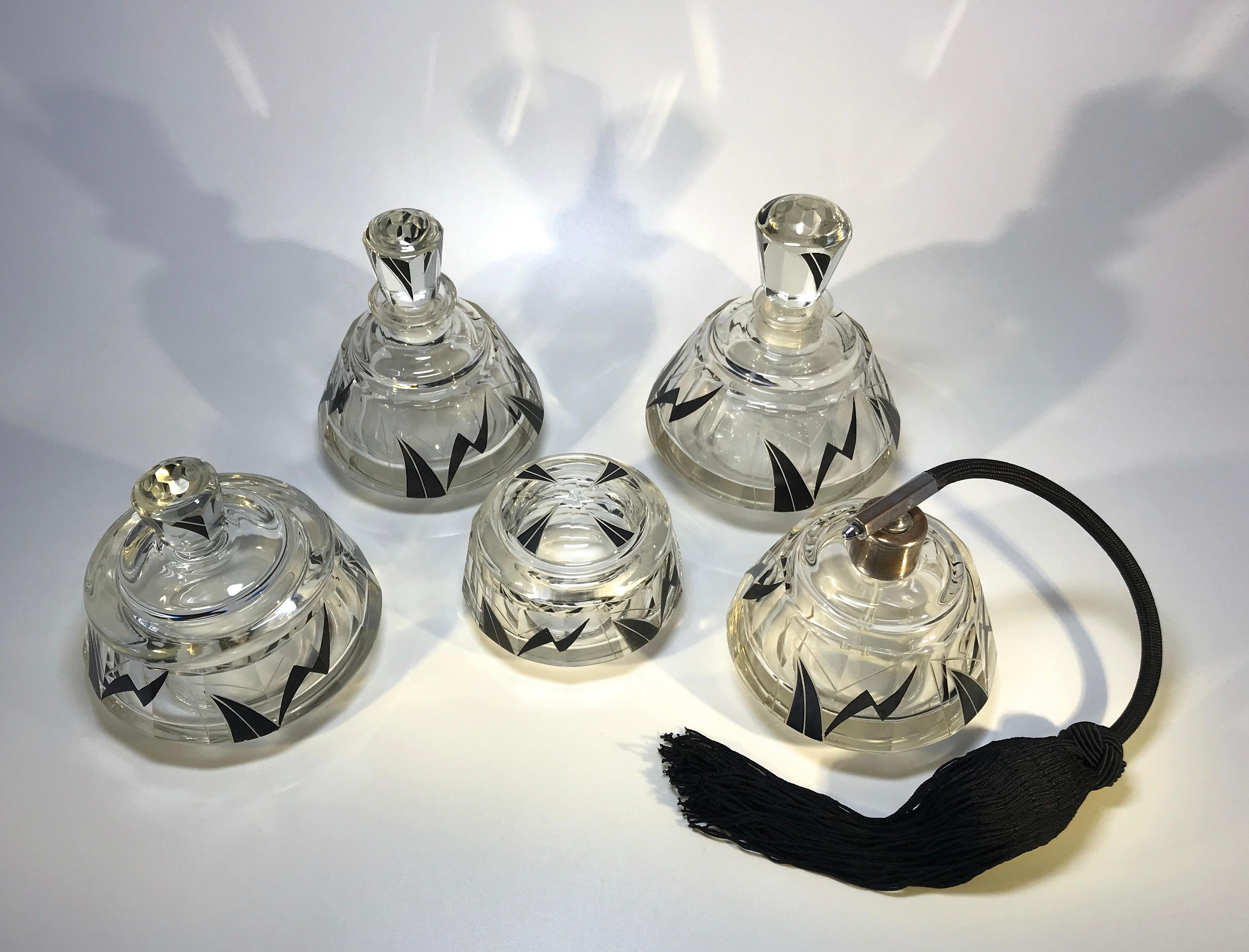Fabulous Karl Palda Art Deco Czech Black Enamel Perfume 5 Piece Vanity Set 1920s In Good Condition For Sale In Rothley, Leicestershire