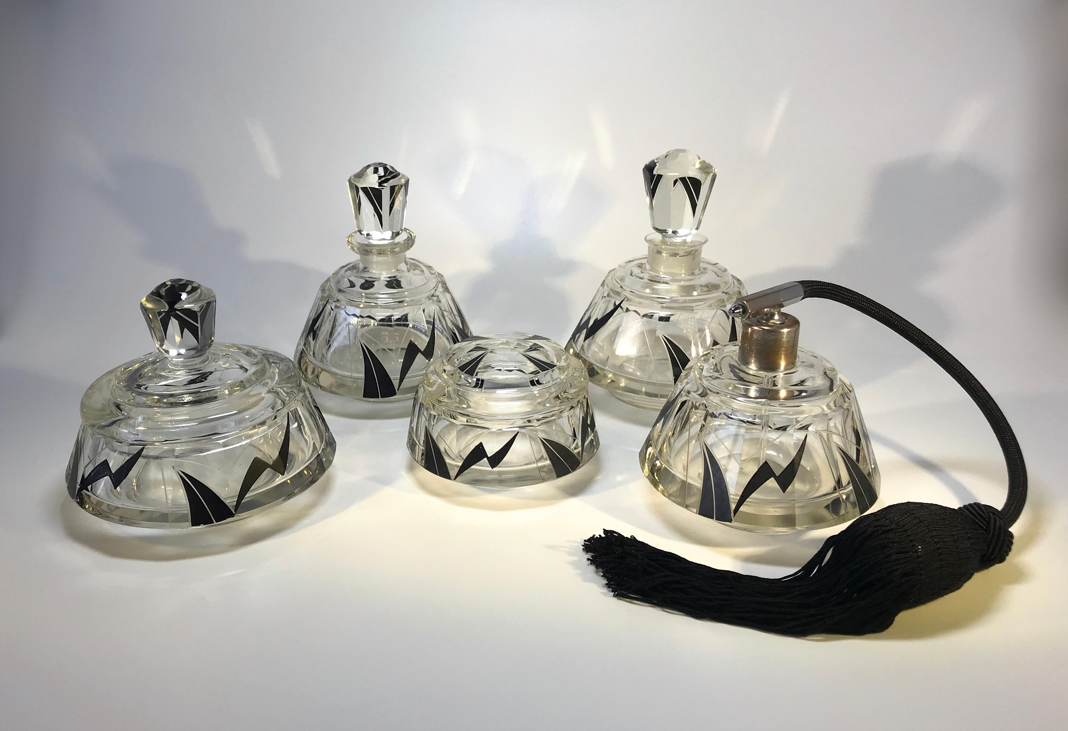 Fabulous Karl Palda Art Deco Czech Black Enamel Perfume 5 Piece Vanity Set 1920s For Sale 1