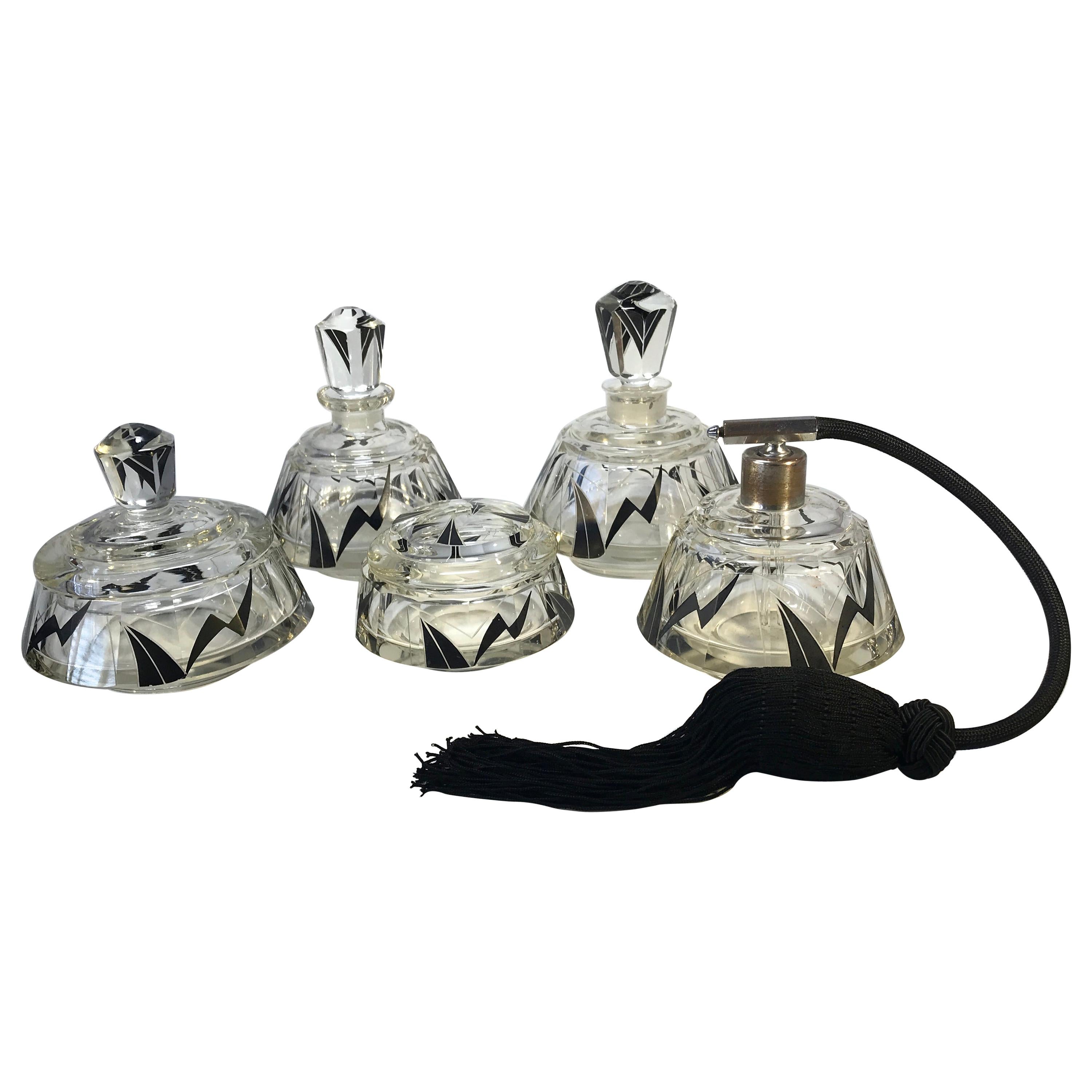 Fabulous Karl Palda Art Deco Czech Black Enamel Perfume 5 Piece Vanity Set 1920s