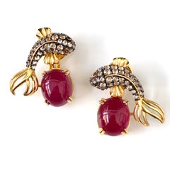 Fabulous Koi Fish and Oval Ruby Drop Vermeil Earrings