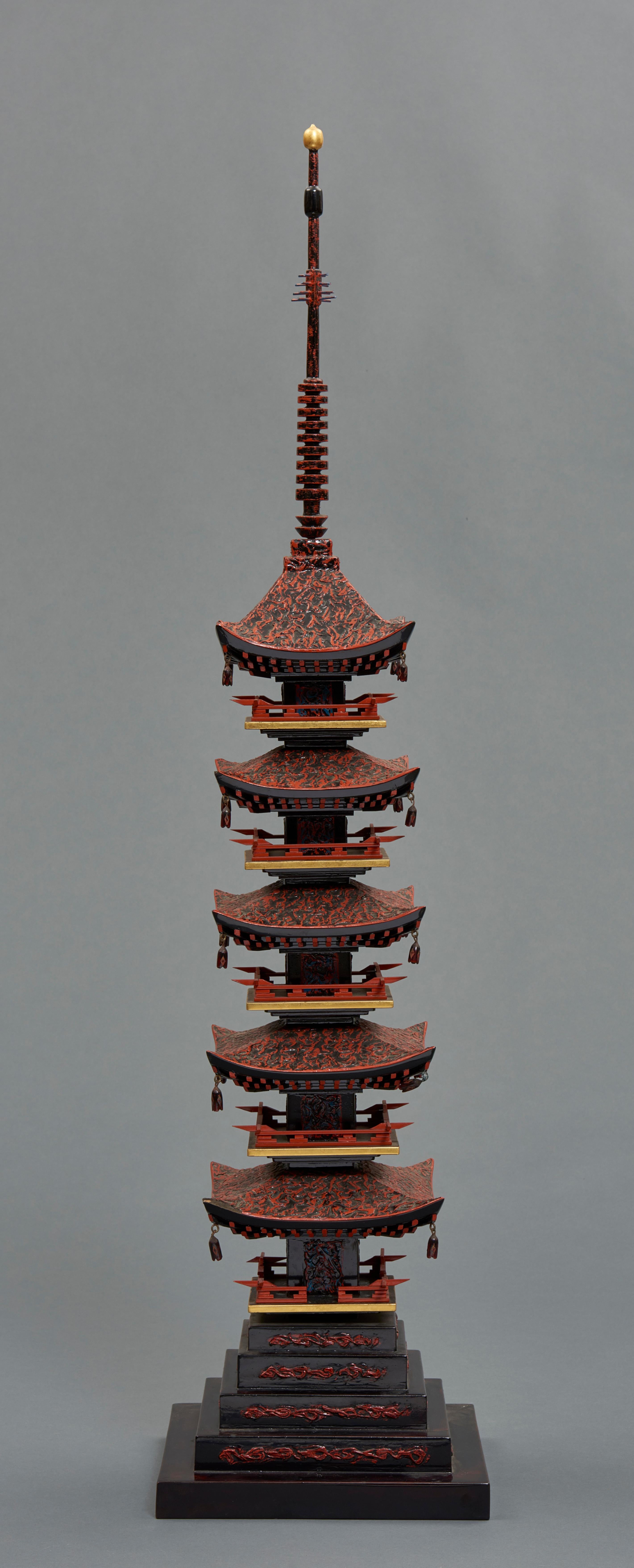Showa Fabulous Lacquer Pagoda Chinoiserie Sculpture with Original Wooden Box For Sale