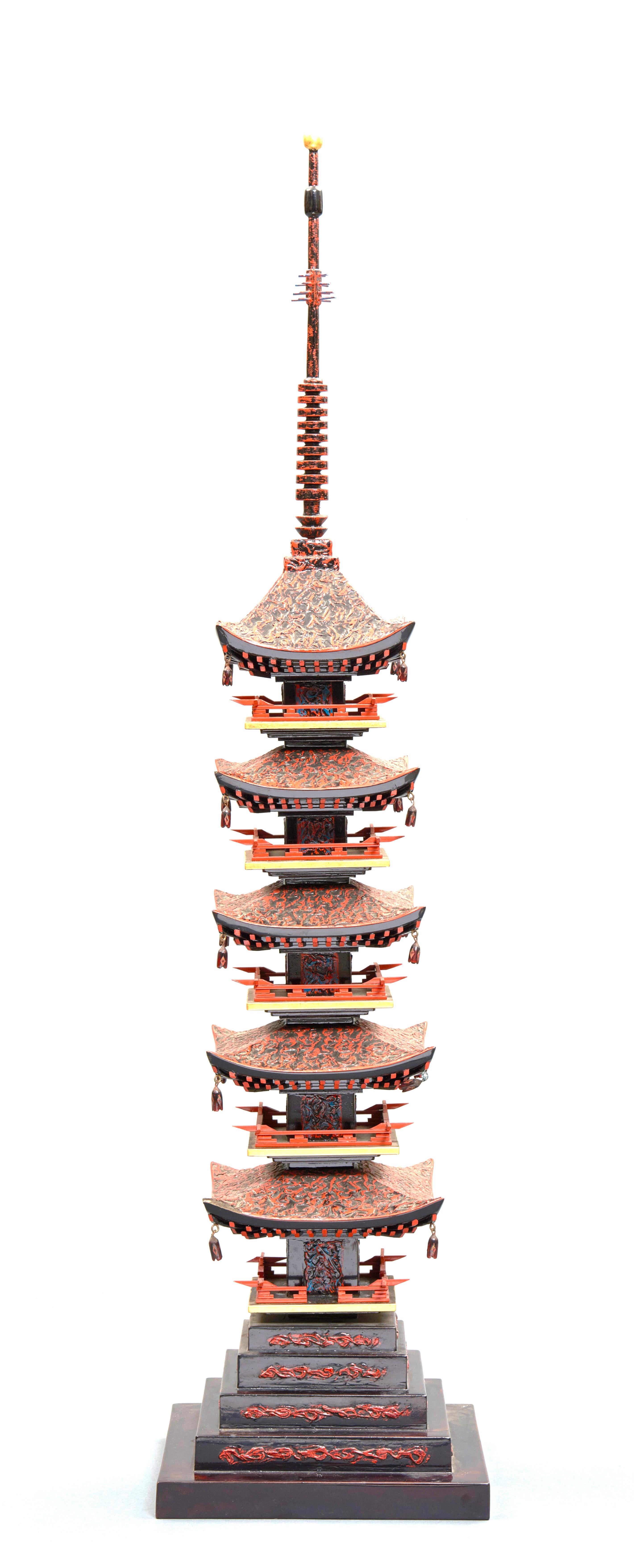 Japanese Fabulous Lacquer Pagoda Chinoiserie Sculpture with Original Wooden Box For Sale