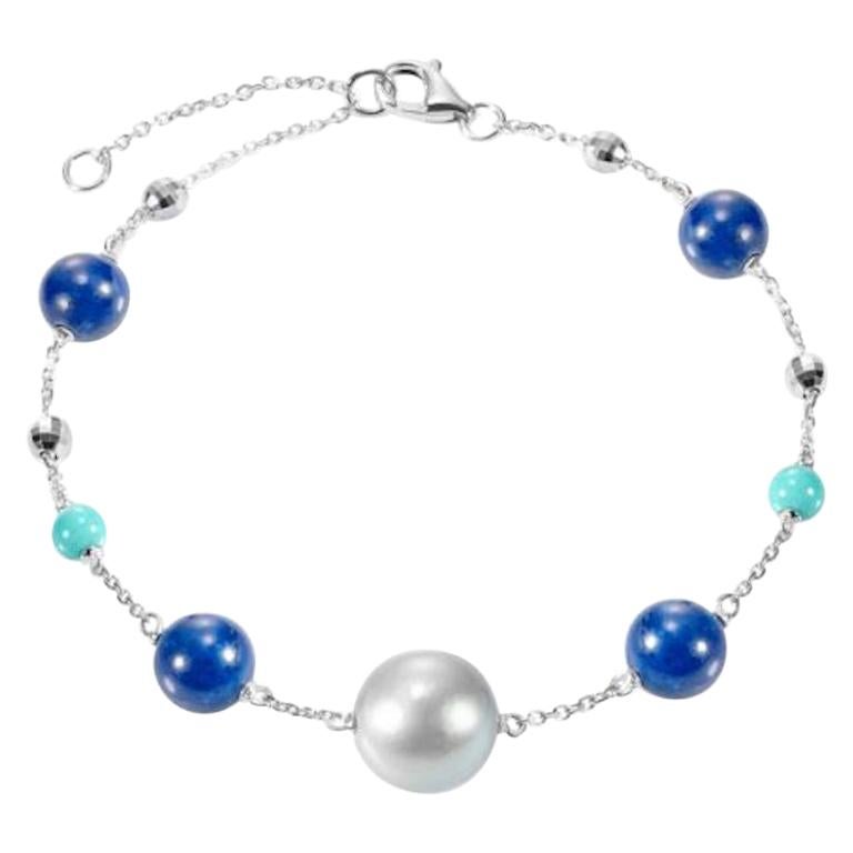 Fabulous Lapis Lazuli White Gold Lazyrit Mother of Pearls Charm Bracelet for Her