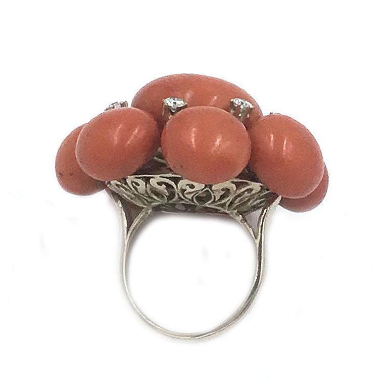 Fabulous, Large and Impressive Coral and Diamond Flower Cluster Ring For Sale 1