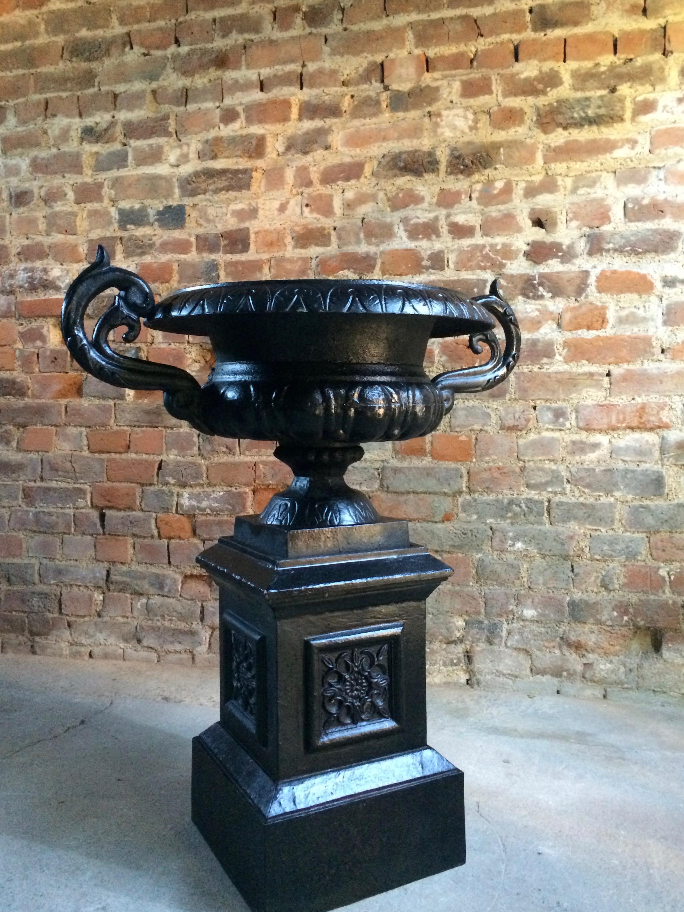 Fabulous Large Antique Cast Iron Garden Urns Pair Planters Pedestals No.2 3