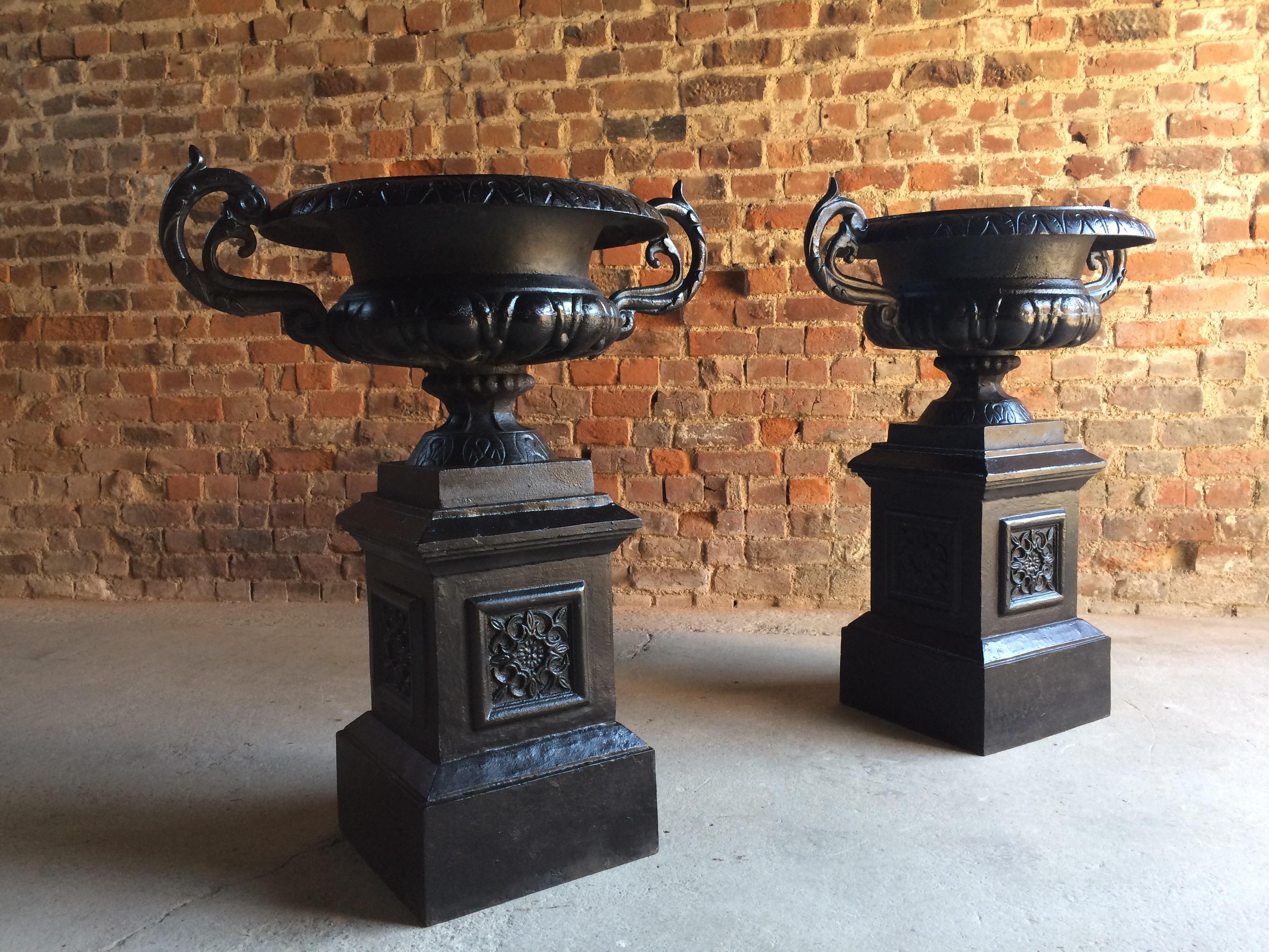 Fabulous Large Antique Cast Iron Garden Urns Pair Planters Pedestals No.2 4
