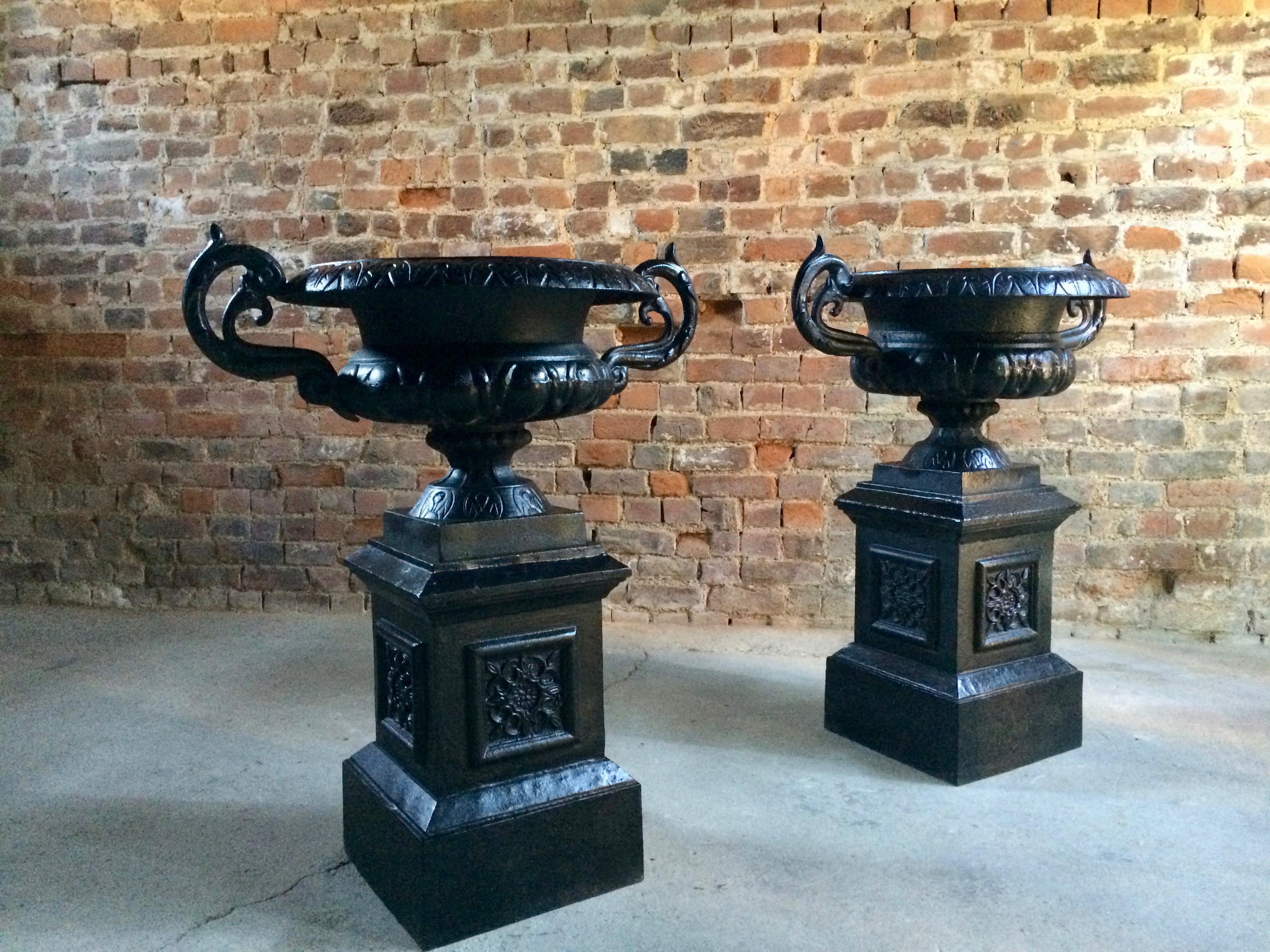 Fabulous Large Antique Cast Iron Garden Urns Pair Planters Pedestals No.2 5