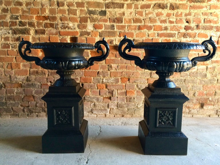 Fabulous Large Antique Cast Iron Garden Urns Pair Planters Pedestals No
