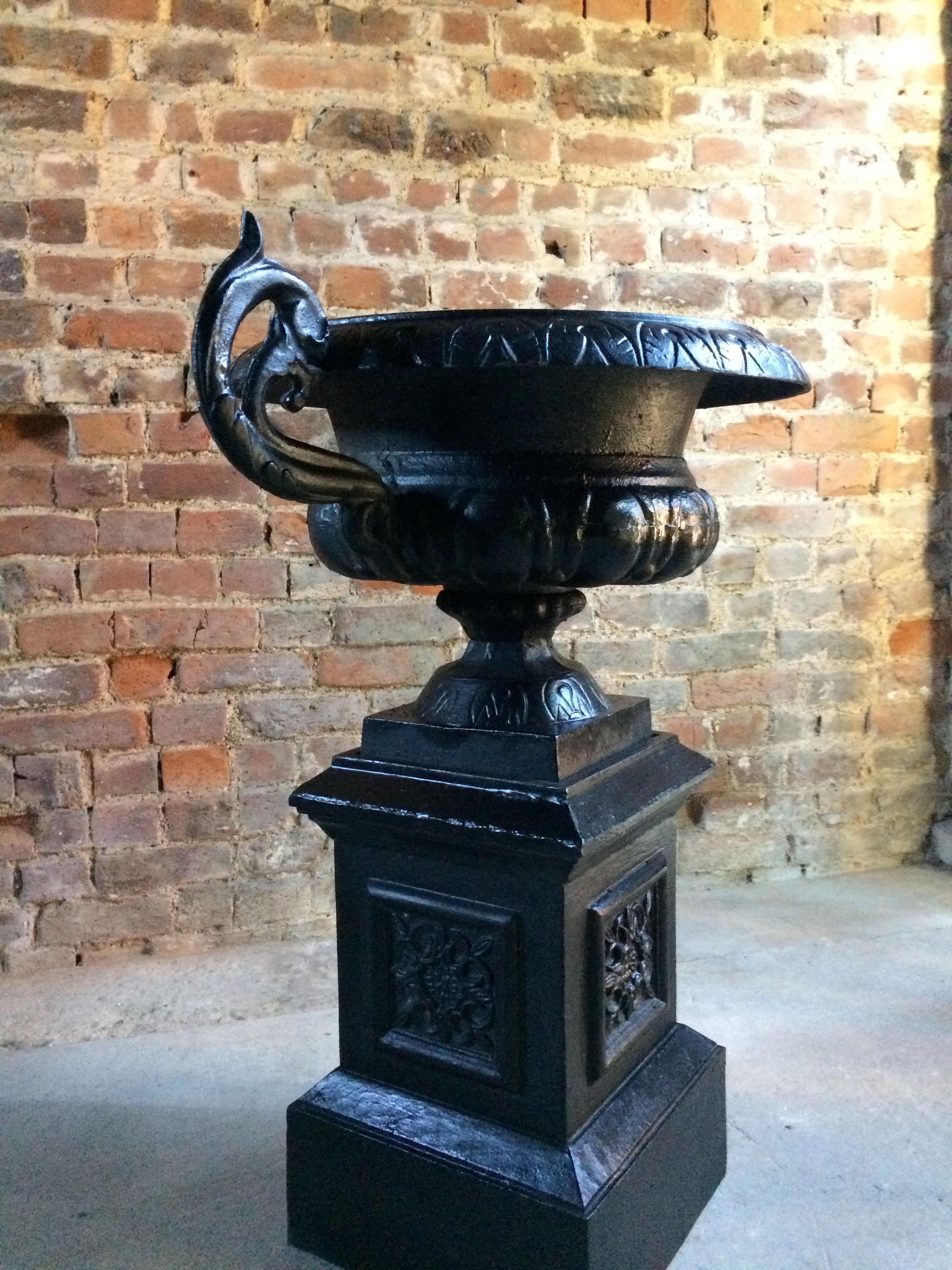 Victorian Fabulous Large Antique Cast Iron Garden Urns Pair Planters Pedestals No.2