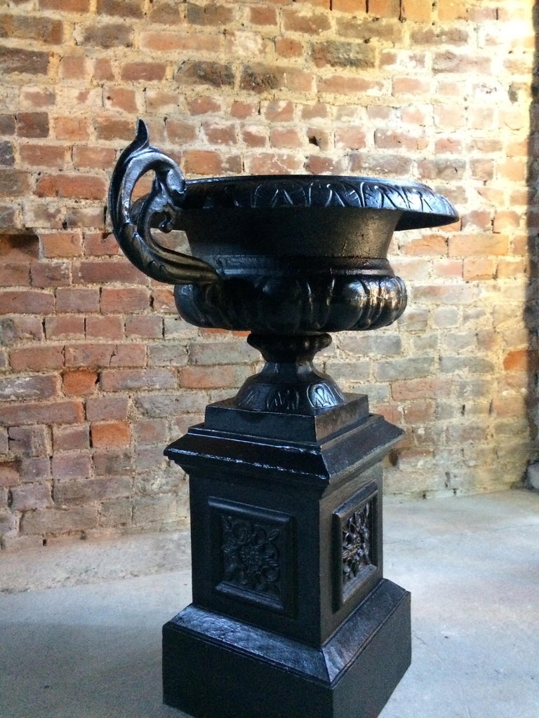 Fabulous Large Antique Cast Iron Garden Urns Pair Planters Pedestals No