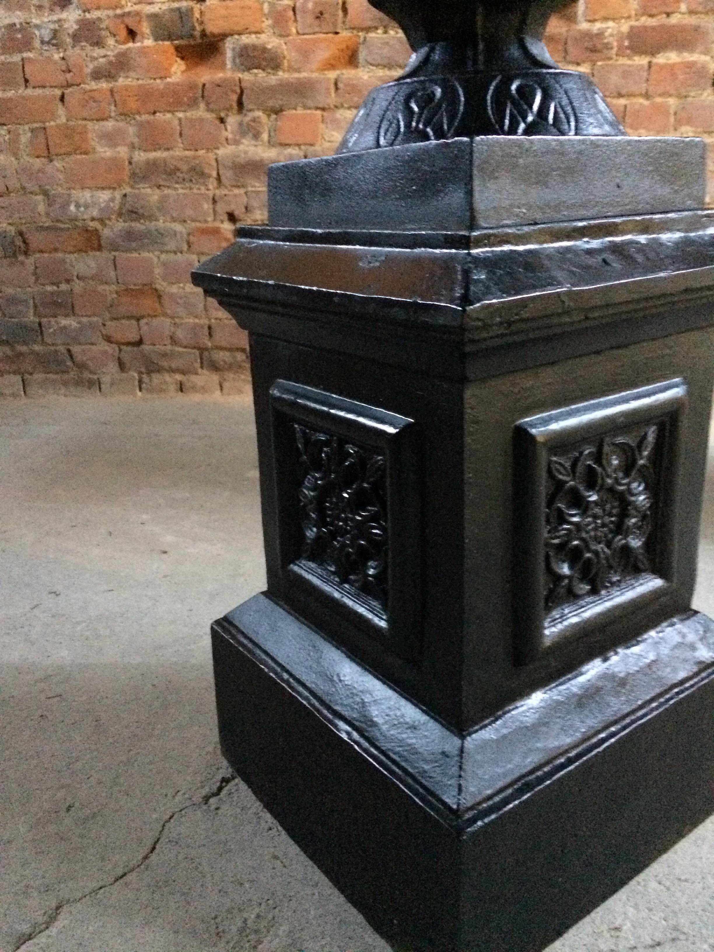British Fabulous Large Antique Cast Iron Garden Urns Pair Planters Pedestals No.2