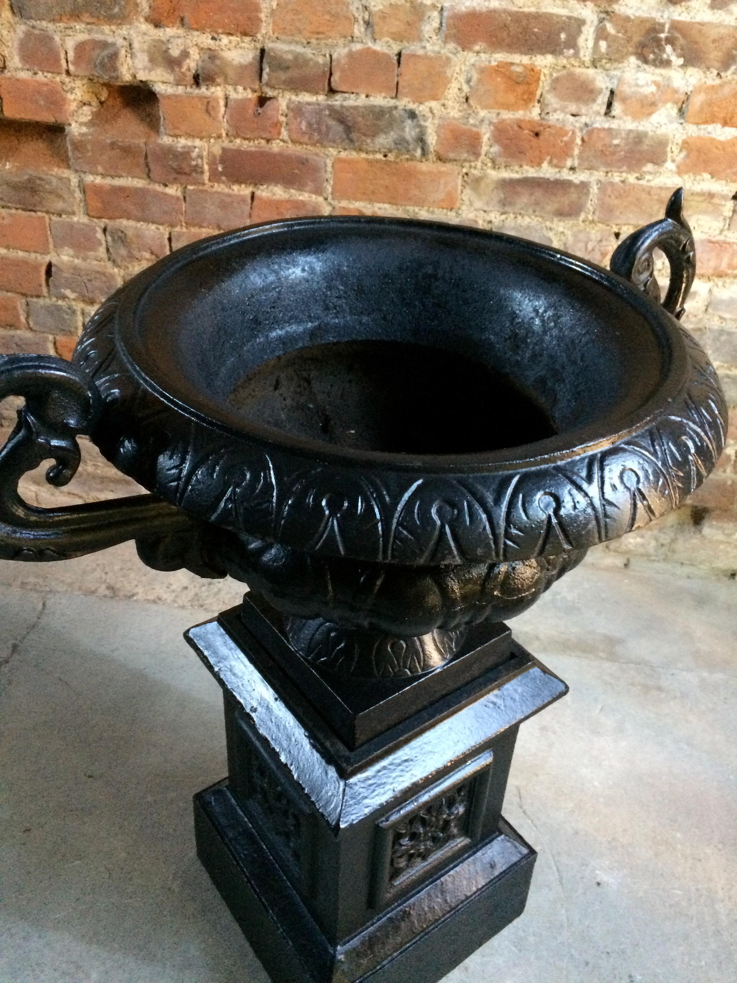 Late 20th Century Fabulous Large Antique Cast Iron Garden Urns Pair Planters Pedestals No.2