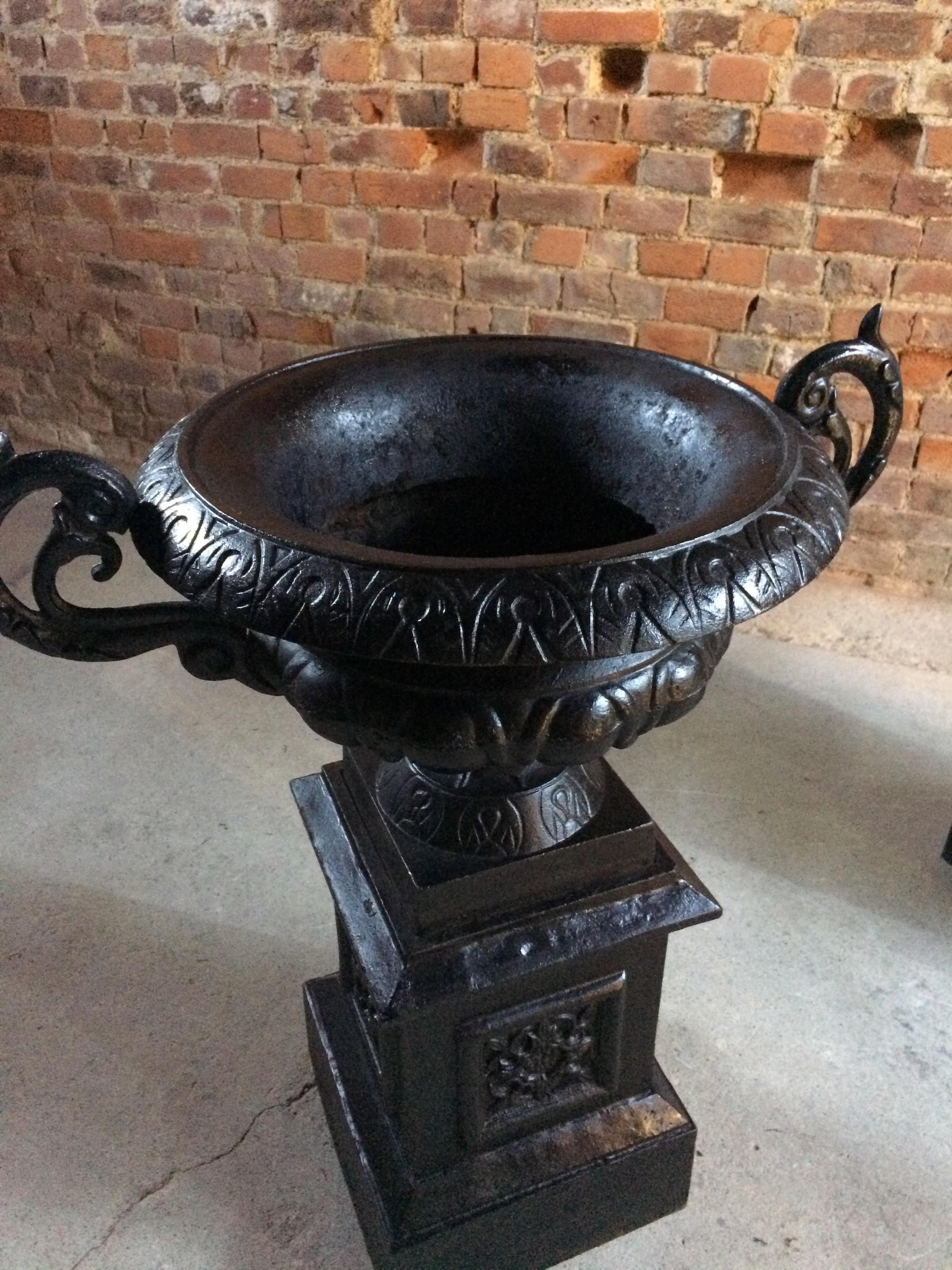 Fabulous Large Antique Cast Iron Garden Urns Pair Planters Pedestals No.2 1