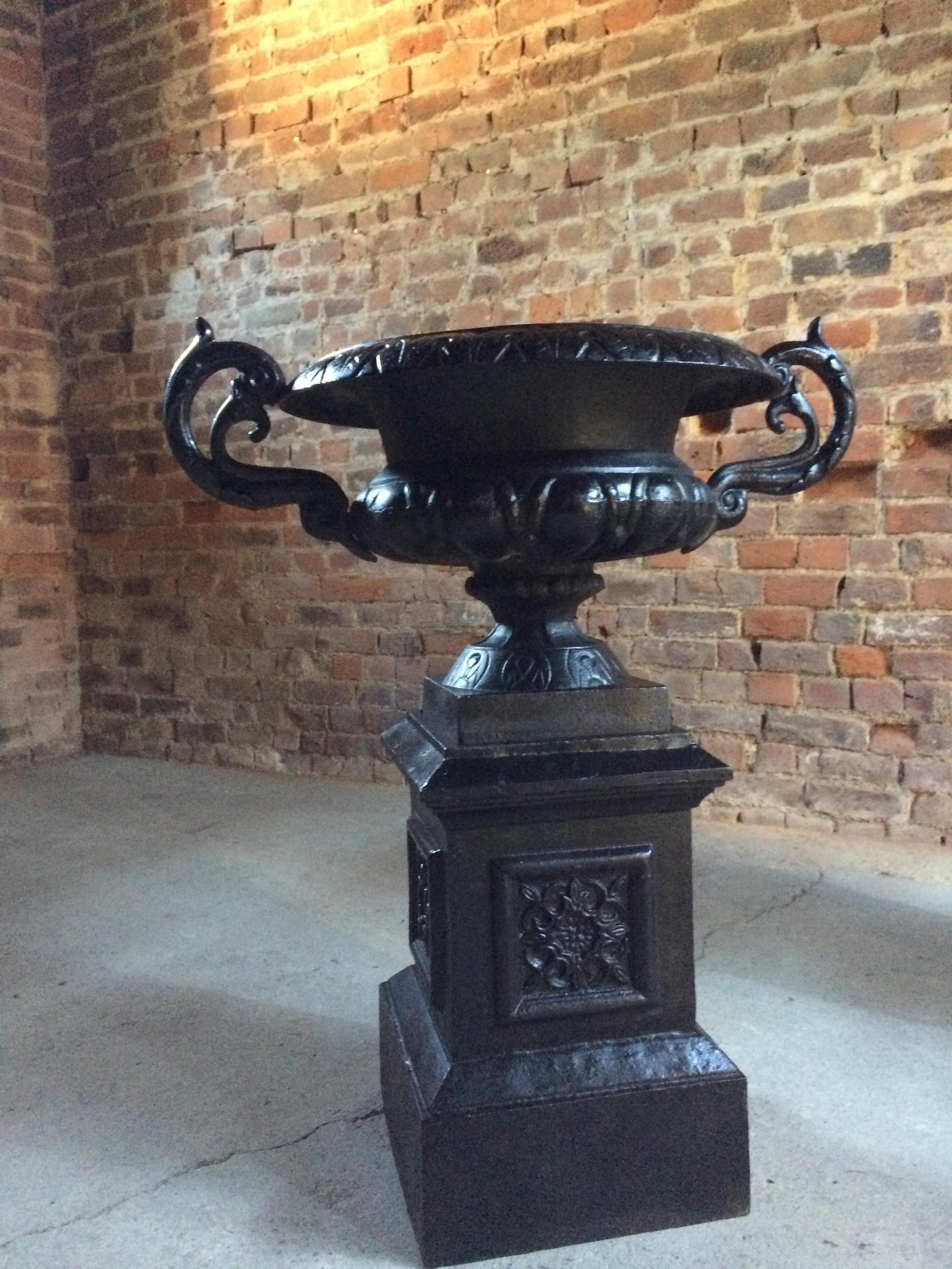 Fabulous Large Antique Cast Iron Garden Urns Pair Planters Pedestals No.2 2