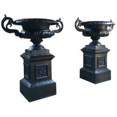 Fabulous Large Retro Cast Iron Garden Urns Pair Planters Pedestals No.2