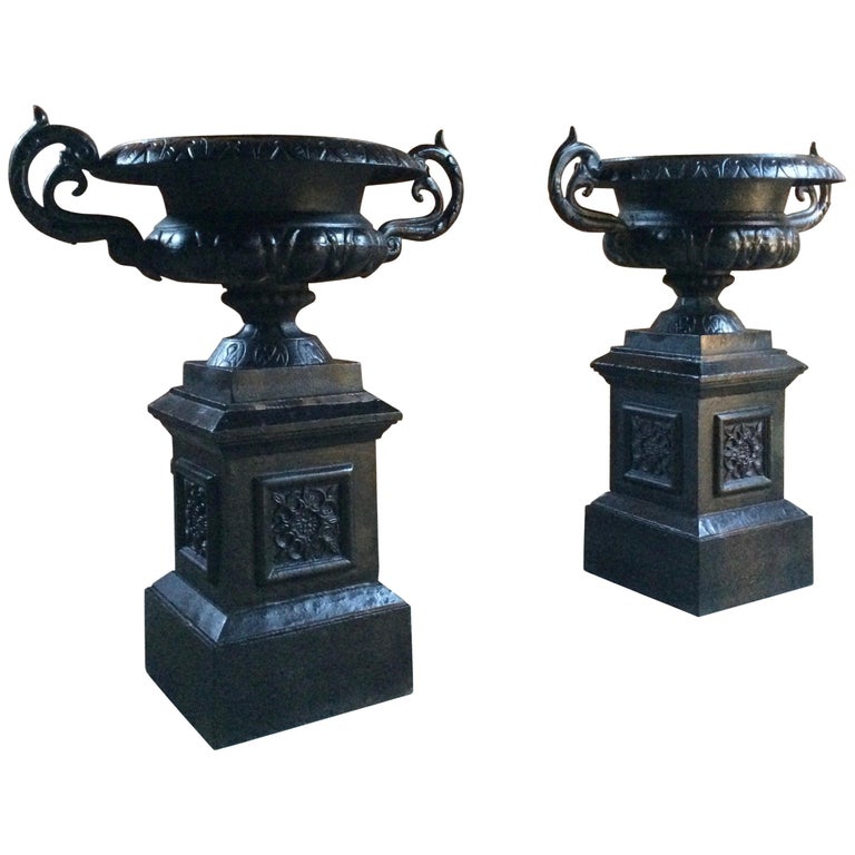 Fabulous Large Antique Cast Iron Garden Urns Pair Planters Pedestals No