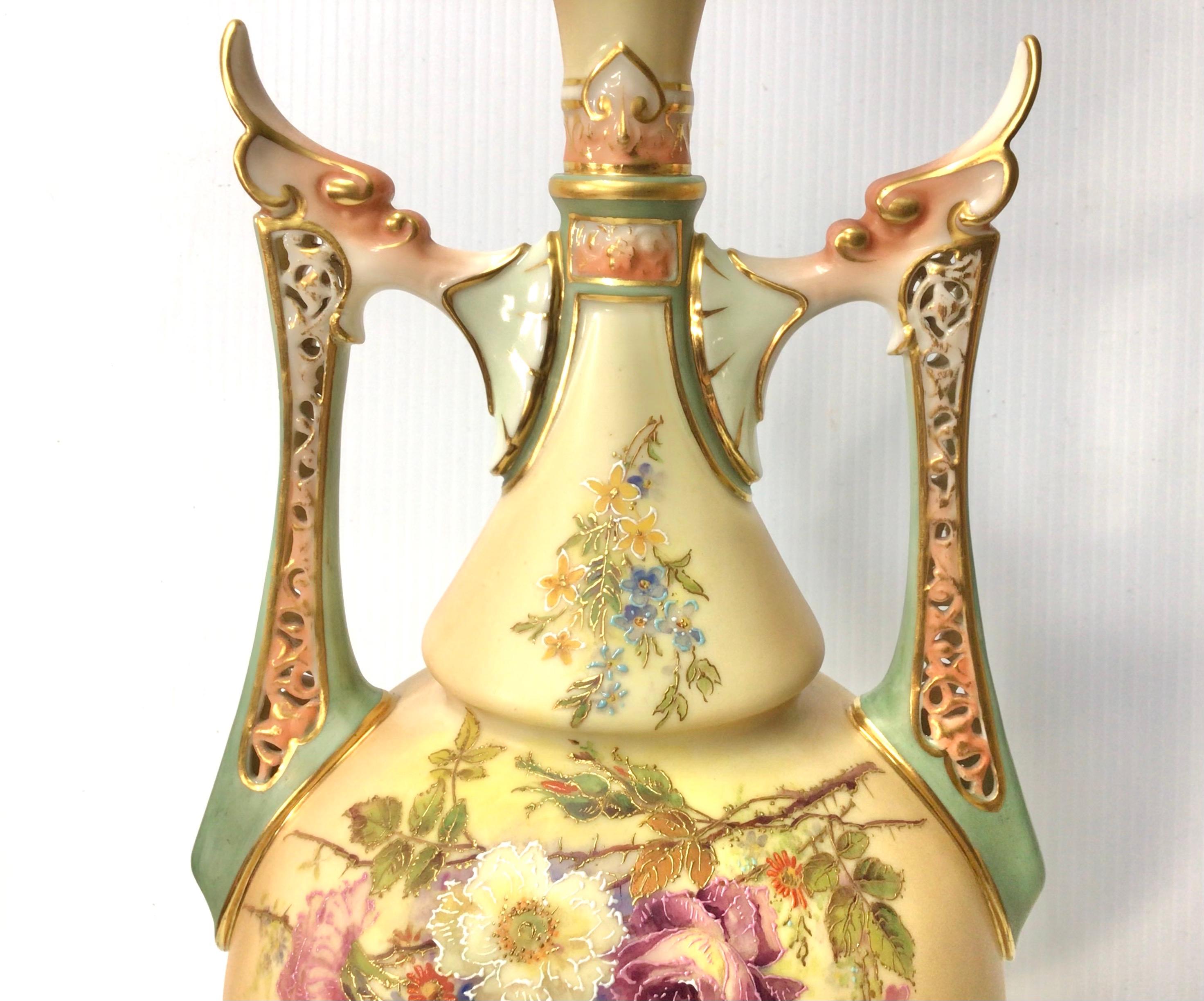 Rococo Fabulous Large Antique Royal Worcester Blush Ivory Vase, Hand Painted with Cover For Sale