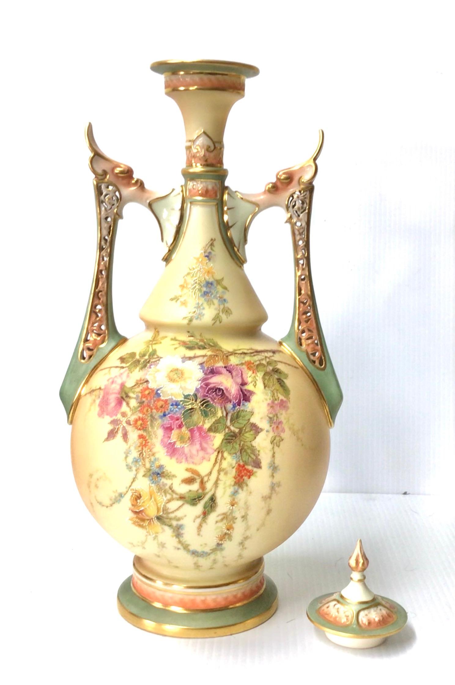 European Fabulous Large Antique Royal Worcester Blush Ivory Vase, Hand Painted with Cover For Sale