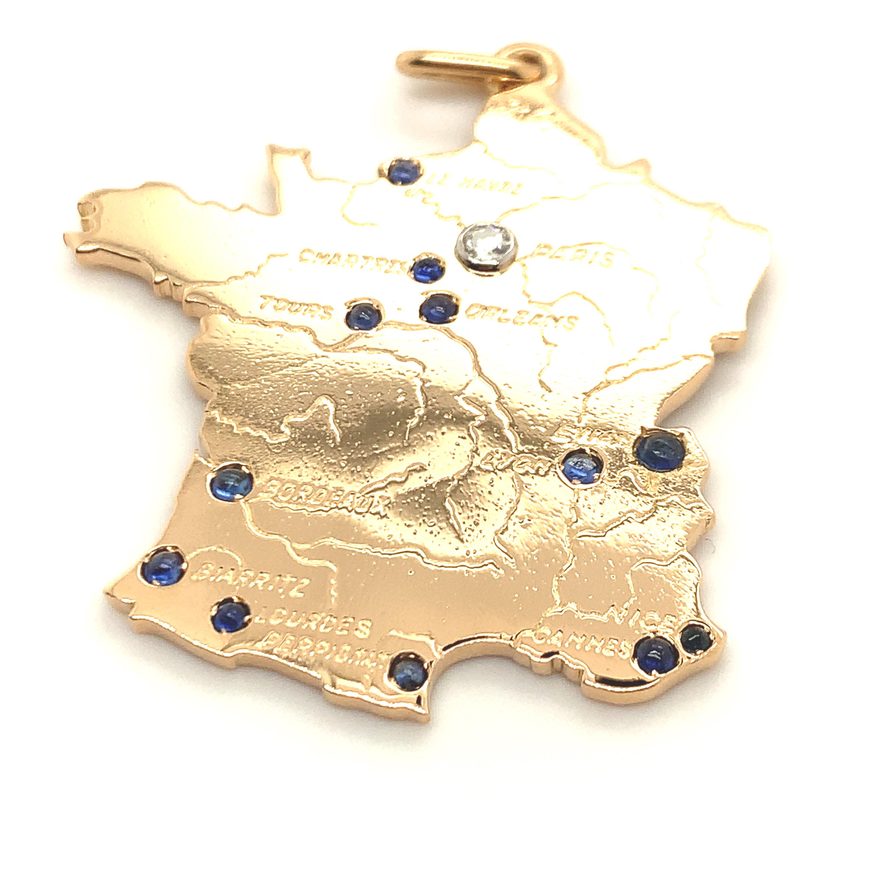 Round Cut Fabulous Large Gold Gemset Map of France