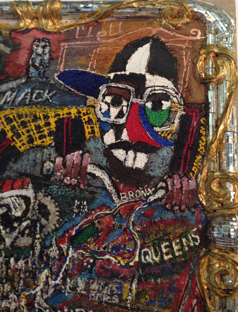 A fabulous Loren J. Munk painting of the NYC marathon featuring spike lee riding a bike encased by a mirror mosaic framed border.
Painted by a contemporary New York artist, known for his vibrant urban imagery. Not just a great work of art but a