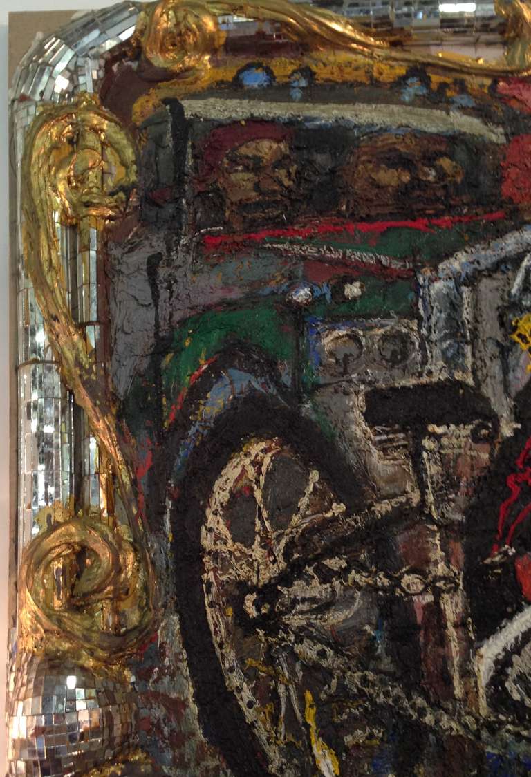 20th Century Fabulous Large Loren J. Munk Painting NYC Incased Mirrored Mosaic Framed Art