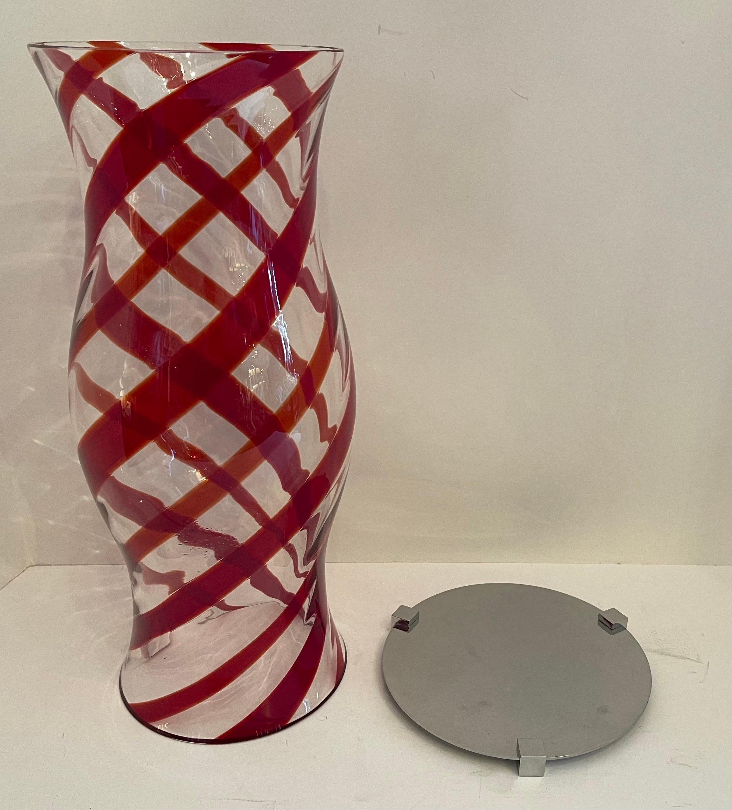 Fabulous Large Modern Lorin Marsh Red Blown Glass Hurricane Shade Nickel Base In Good Condition For Sale In Roslyn, NY