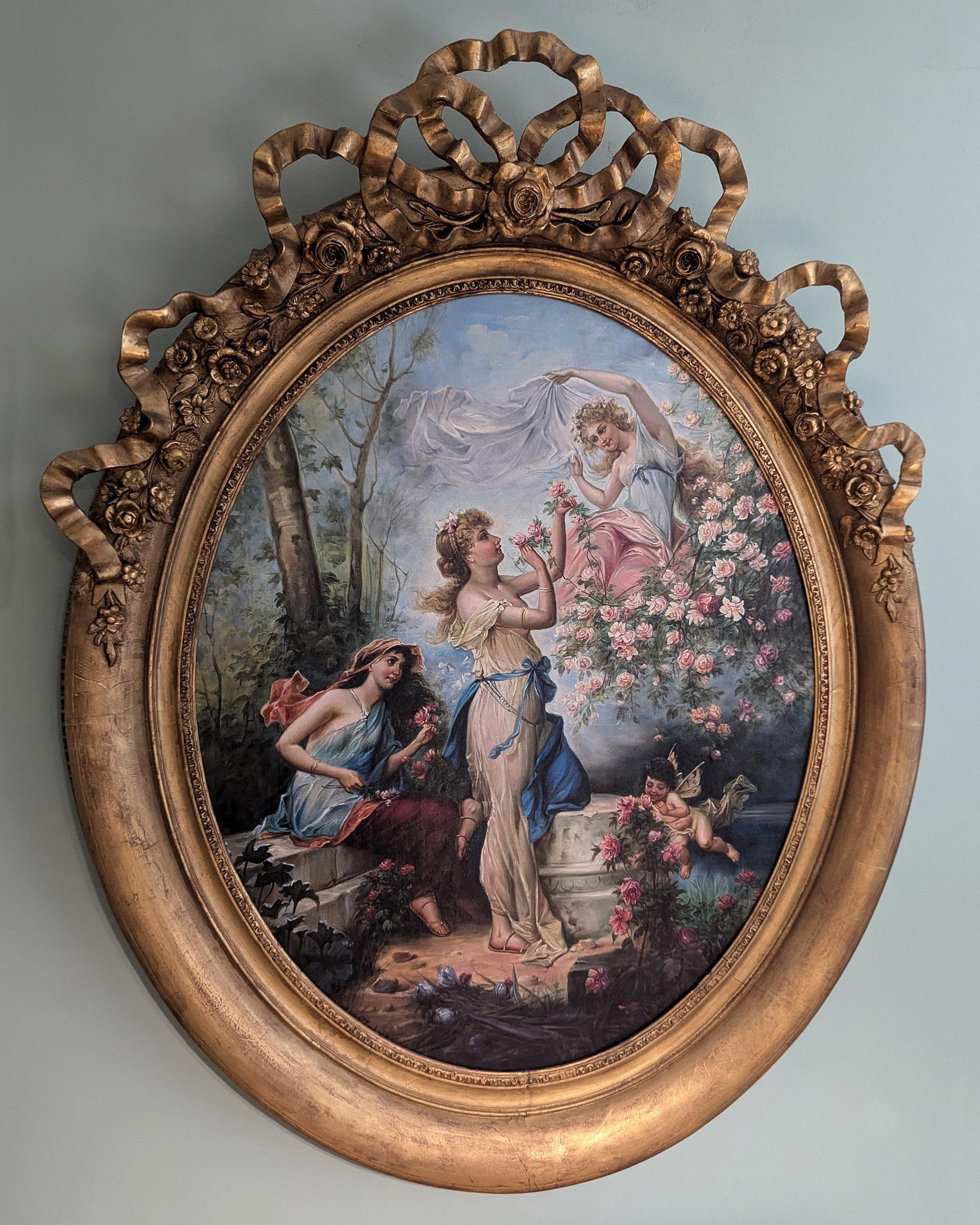Grande dipinto originale di fanciulle di Hans Zatzka

Un favoloso dipinto a olio su tela originale di Hans Zatska (Austria1859-1945) In condizioni intatte, questo dipinto è di alta qualità e raffigura delle fanciulle in un giardino e un Cupido. Le