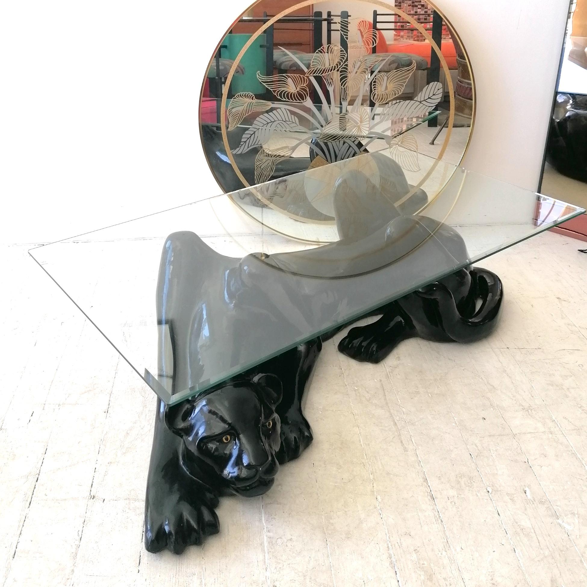 American Fabulous Large Vintage Deco Revival Black Panther Coffee Table, USA 1980s