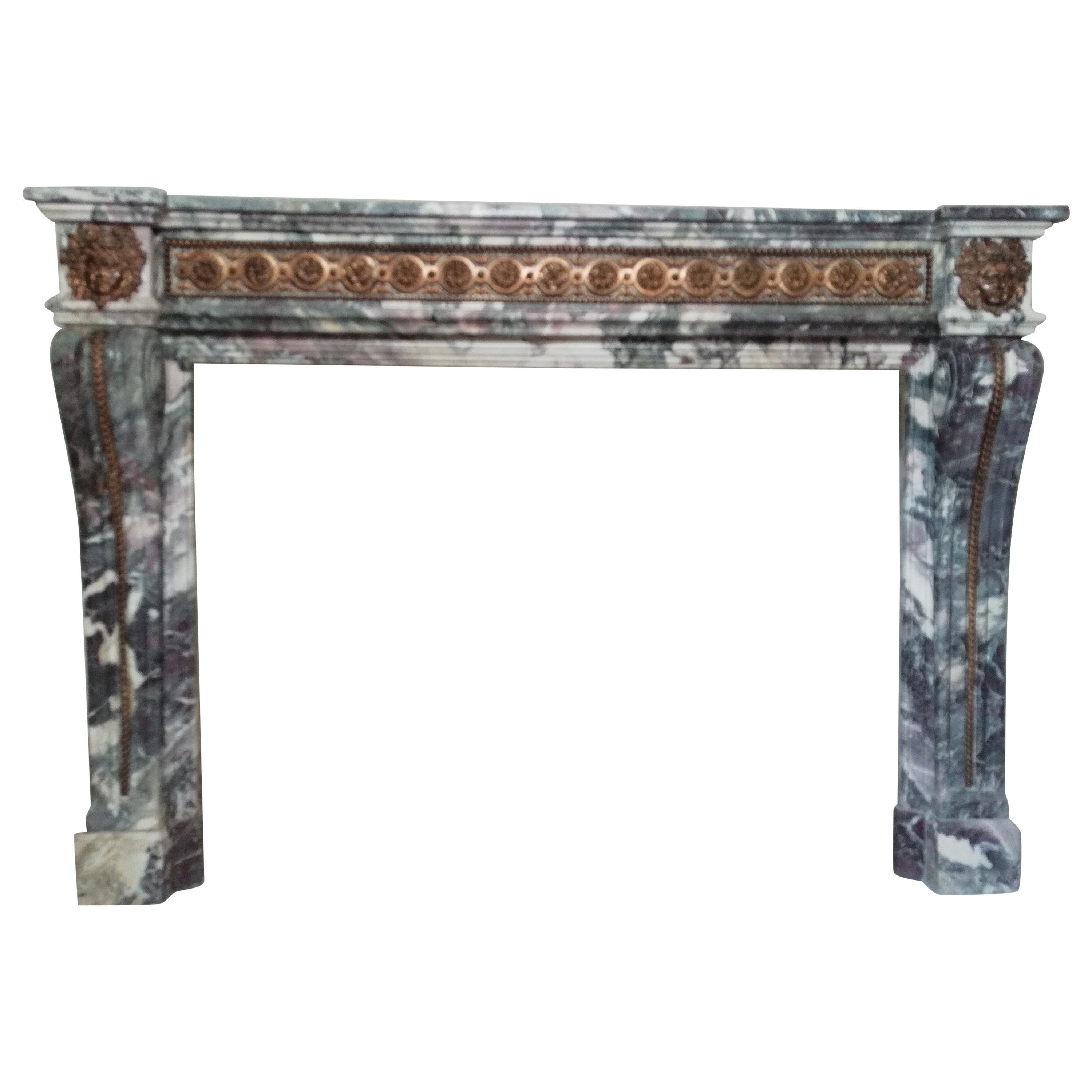 Fabulous Louis XVI Style Breccia Marble & Bronze Fireplace Mantel 20th Century For Sale