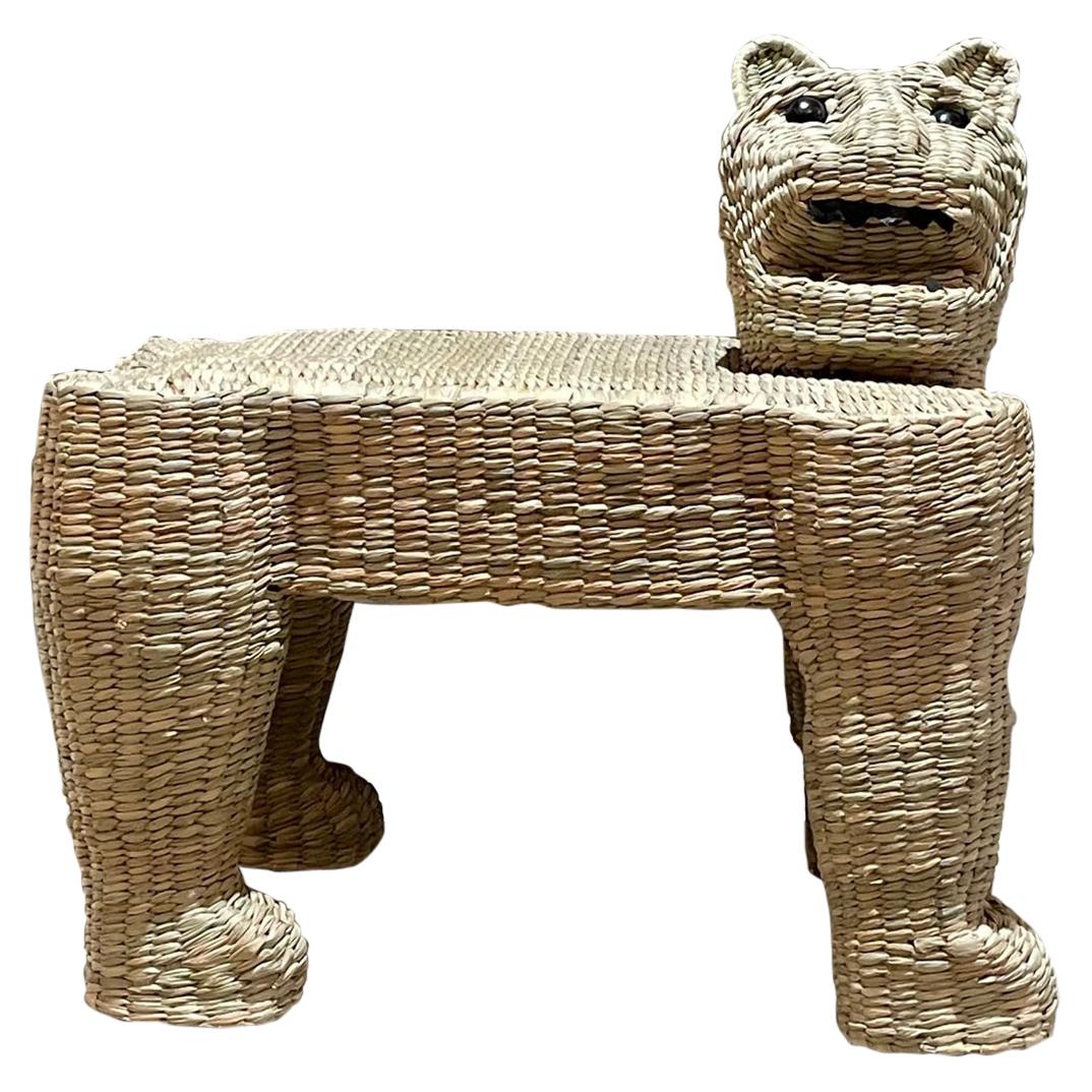 Fabulous Mario Lopez Torres Exotic Jaguar CAT Woven Rattan Bench 1974 Palm Beach
