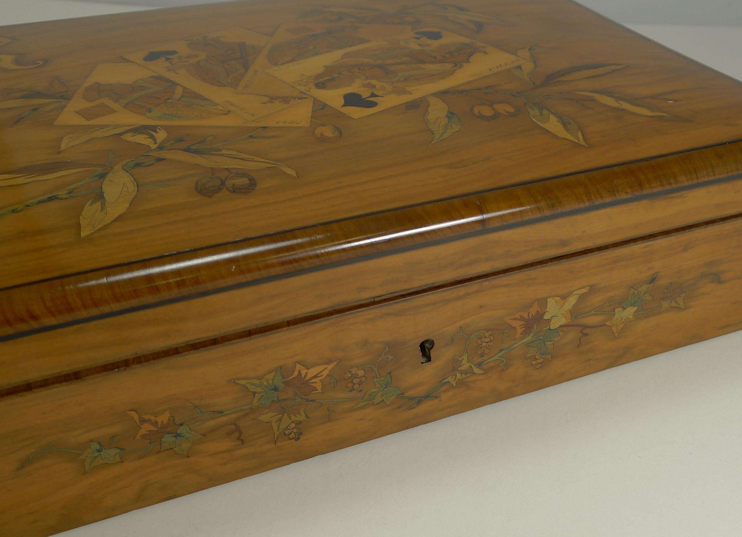 Late Victorian Fabulous Marquetry Inlaid Olive Wood Games or Playing Cards Box, French